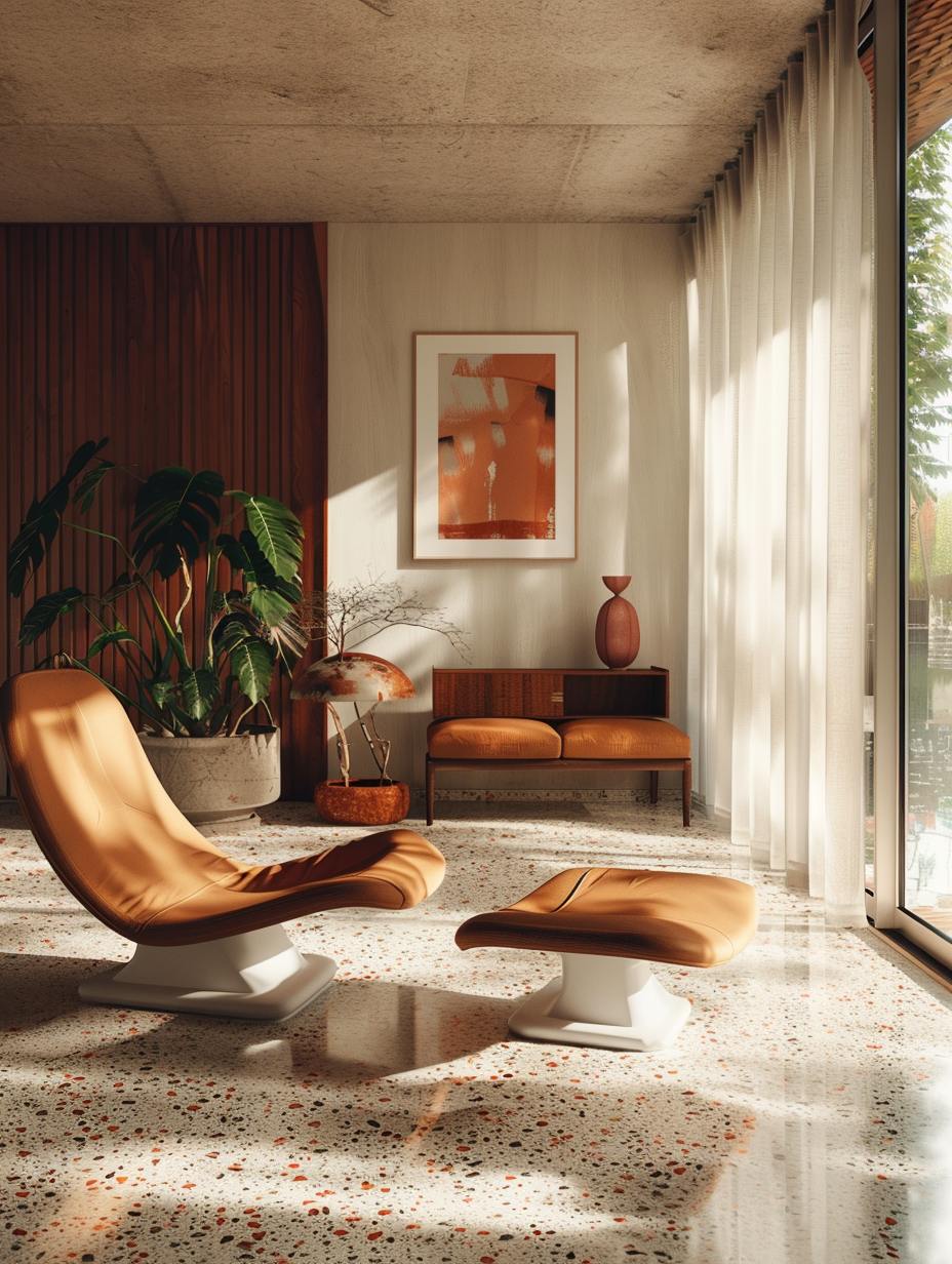 Create a photorealistic image that perfectly captures a retro revival-themed interior design, highlighting the intricate beauty of terrazzo flooring. The main subject should feature a spacious living area, with the terrazzo creating a dynamic, colorful base contrasting with minimalist, mid-century modern furniture. The image should be bathed in natural light, filtering through sheer curtains, casting soft, yet crisp shadows that accentuate the texture and depth of the terrazzo and the sleek lines of the furniture. Employ global illumination to achieve a warm, inviting atmosphere that feels suspended in the golden hour glow. The composition must be balanced, with a focus on symmetry and the harmony between vintage charm and contemporary elegance. Opt for a camera setup reminiscent of Annie Leibovitz's portrait clarity and depth, using a DSLR with a 50mm prime lens, set to f/1.8 to create a shallow depth of field that sharpens the foreground while gently blurring the background, adding to the scene's authenticity. Aim for a level of detail where one can almost feel the cool, polished surface of the terrazzo and the soft texture of the mid-century fabric upholstery. The style and execution should pay homage to 2020s high-definition visual content, where every element, from lighting to material texture, contributes to a coherent, lifelike snapshot.