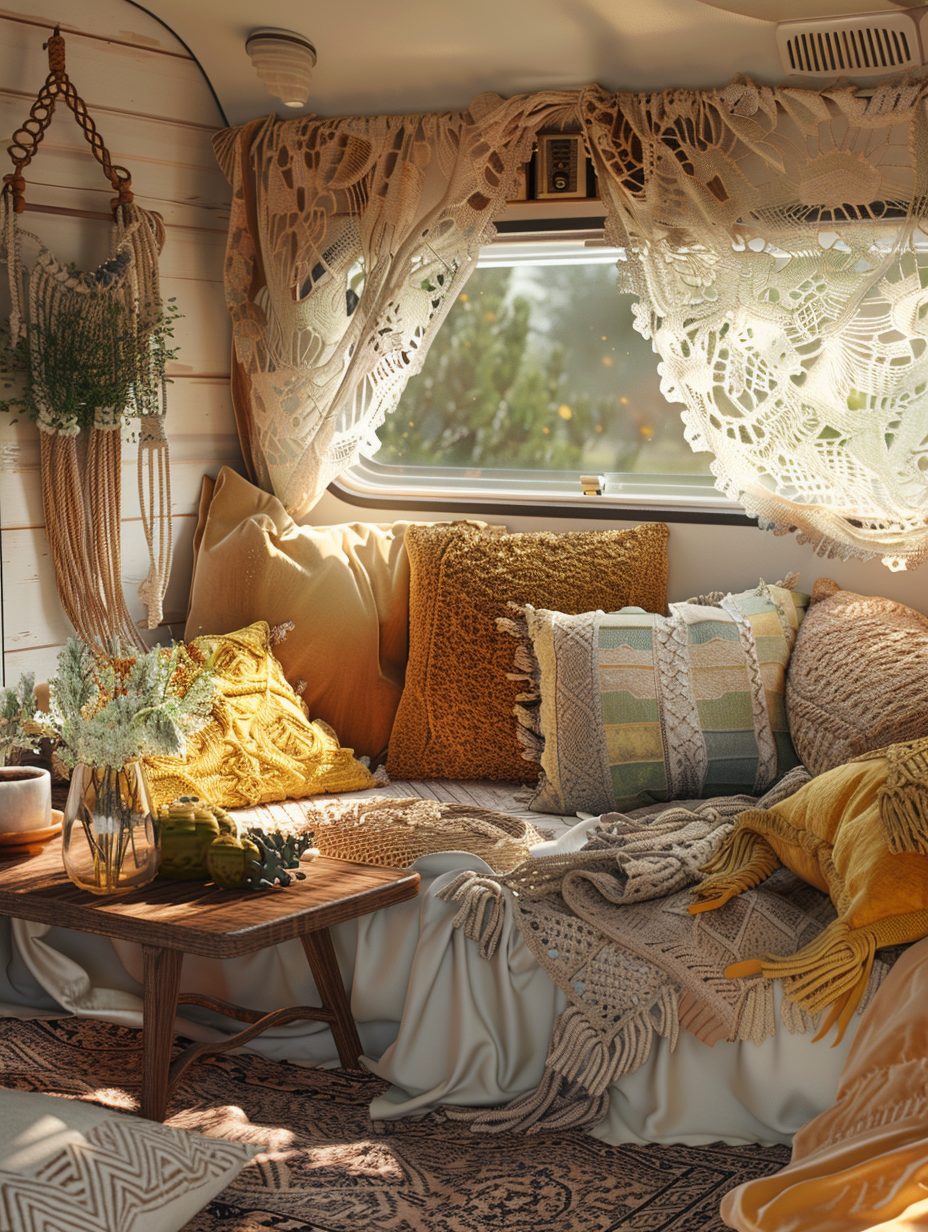 Craft a photorealistic image capturing the essence of Boho Camper Van Interior Designs. The scene is bathed in the soft, warm glow of golden hour sunlight filtering through lace curtains. High detail is focused on the textured, plush fabrics, and the unique, eclectic accents that hallmark boho aesthetics—like macramé wall hangings, vibrant throw pillows, and a small, rustic wooden table set with a vintage vase and wildflowers. The atmosphere is cozy and inviting, with a sharp focus that brings out the textures and patterns of the materials, contrasted by the soft diffusion of light creating a serene ambiance. The camera setup mimics that of a high-quality DSLR, using a prime lens around 35mm, f/1.4 for a shallow depth of field, blurring out the edges of the frame slightly to center attention on the heart of this living space. This setup, inspired by the narrative depth of photographers like Steve McCurry, combines global illumination techniques to highlight the play of light and shadow, adding depth and realism. The composition is carefully balanced, with elements placed to guide the eye through the scene, ensuring each detail from the patterned rugs to the hanging plants contributes to a sense of harmony and lived-in warmth.