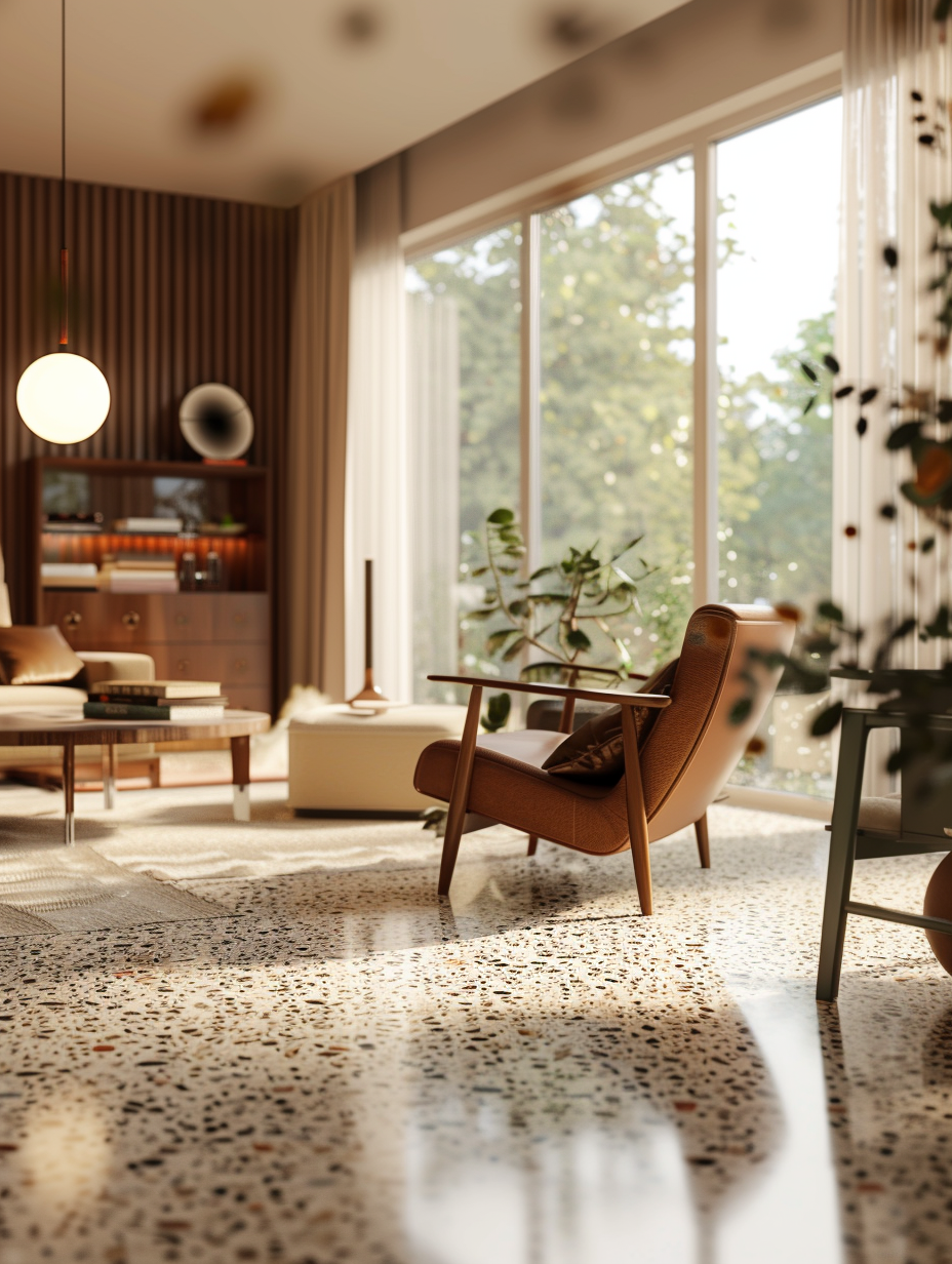 Generate a photorealistic image highlighting the essence of a retro revival-themed interior, elegantly showcasing terrazzo flooring as the centerpiece. The scene unfolds in a spacious living area, illuminated by a harmonious blend of global illumination and natural light filtering through large, mid-century-modern windows. Aim for the high detail and sharp focus seen in the works of renowned photographer Julius Shulman, emulating his ability to capture the quintessence of architectural photography. Use a full-frame DSLR camera, equipped with a 24-70mm f/2.8 lens, set to a focal length of 35mm to achieve a wide yet slightly intimate frame, mimicking the filmic quality and grain of high-quality 2020s visual content. The composition is meticulously balanced, with terrazzo patterns vividly standing out amidst a palette of vintage furniture and pops of colorful decor, creating a space that feels both nostalgic and refreshingly modern. Integrate subtle shadows and the texture of materials to deepen the realism, ensuring the image resonates with the vibrancy and texture of a living, breathing scene.