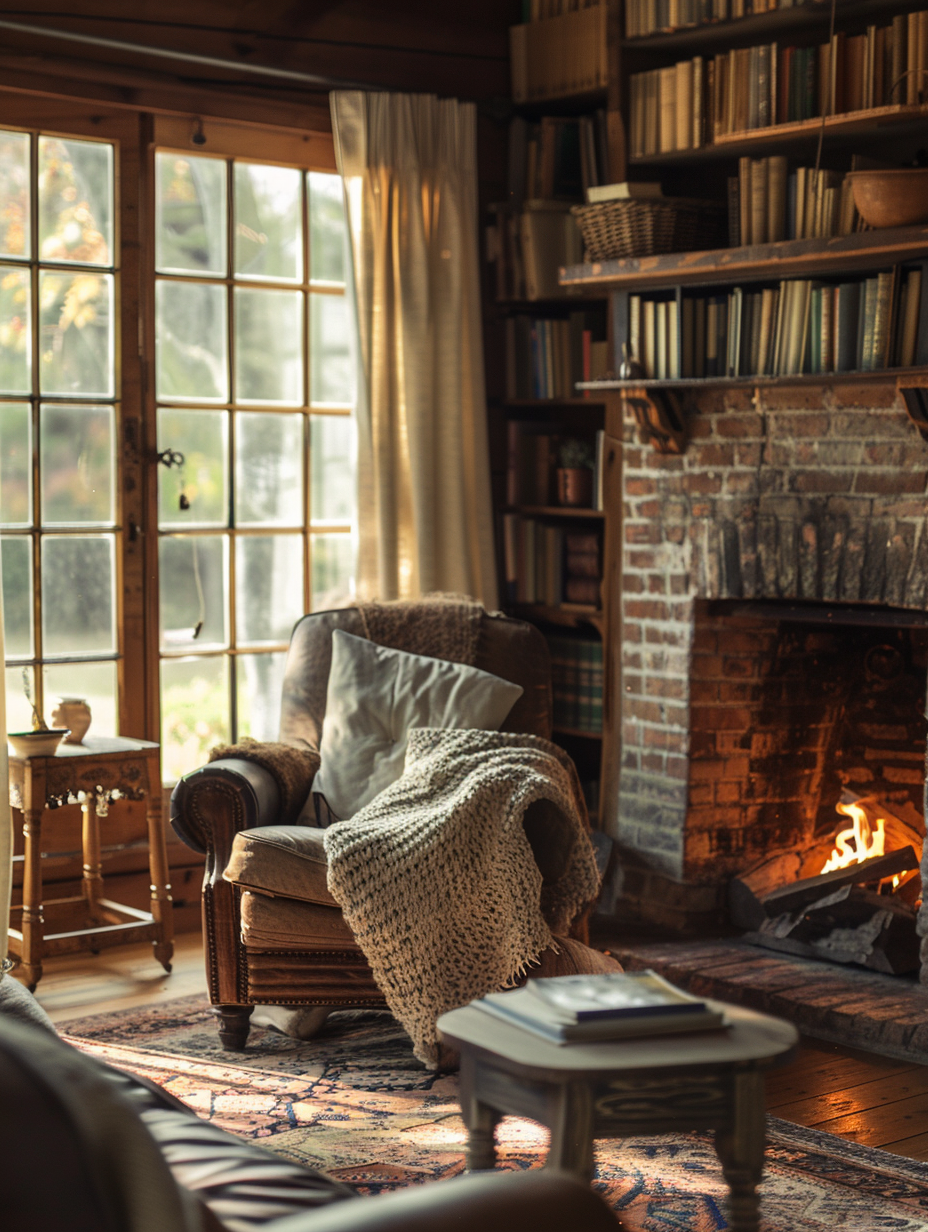 Capture a homely, rustic farmhouse living room bathed in the golden glow of late afternoon. The sharp focus should reveal intricate textures: weathered wood, soft woven throws, and a crackling fireplace. Employ a Canon EOS 5D Mark IV with a 24-70mm f/2.8 lens to achieve high detail and depth, leveraging global illumination to enhance the natural light filtering through sheer curtains, casting dynamic shadows. Composition must balance warmth with the lived-in feel, evoking a scene reminiscent of an Annie Leibovitz portrait in its mood and realism. Include elements like a vintage, well-loved leather armchair, a handmade wooden coffee table bearing traces of use, and bookshelves filled with well-thumbed volumes, to ground the setting. The image should be finished with a touch of film grain to add texture, echoing the authentic, tactile essence of 2020s high-quality visual content.