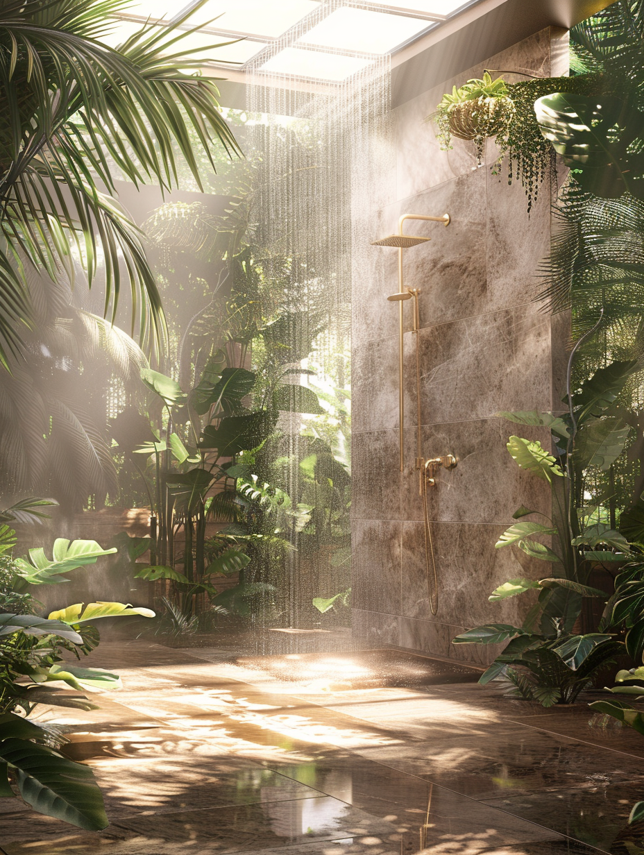 Craft a photorealistic image of a Plants - Shower Room with Jungle Inspiration, capturing the essence of a lush, private oasis. The focal point is a spacious, open shower area, drenched in sunlight filtering through a large, frosted glass ceiling, imitating the soft, diffused light of a rainforest canopy. Include a variety of tropical plants arranged thoughtfully around a central, stone-tiled area, with water cascading from a minimalist, wall-mounted, brass shower head. The composition should mirror the harmony and tranquility of nature, using a Canon EOS R5 camera with a 24-70mm f/2.8 lens, ensuring sharp focus, high detail, and a depth of field that highlights the intricate patterns of water droplets on leaves and the subtle textures of the stone tiles. Embrace the principles of global illumination to enhance the realism, focusing on the gentle play of light and shadow, and the rich, saturated greens of the foliage against the earthy tones of the stone. This should be a tribute to the 2020s visual content, achieving a balance between modern design and natural elements, rendering an image that could belong in a high-end architectural magazine.