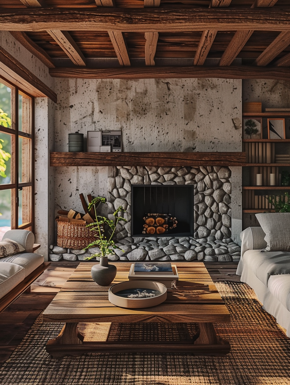 Capture a photorealistic image of a rustic farmhouse living room, embodying homely touches with high detail and sharp focus reminiscent of the works of Ansel Adams for its depth, texture, and mood refinement. The room is bathed in natural light from a west-facing window, with soft shadows accentuating the texture of the wooden beams and the stone fireplace. Global illumination should highlight the handcrafted wooden coffee table, cozy linen sofa, and an array of vintage finds scattered thoughtfully around. The scene is composed with a Canon EOS R5 camera, utilizing a RF 24-70mm F2.8 L IS USM lens at a 35mm focal length, ensuring a wide the view that captures the essence of the room while maintaining a shallow depth of field to focus on the intricate details of the space. Set the ISO to 400 to enhance the natural film grain, giving the image a timeless quality. The balance of the composition is centered, with the fireplace acting as the focal point, surrounded by the lived-in comfort of the room, evoking a sense of warmth and familiarity.