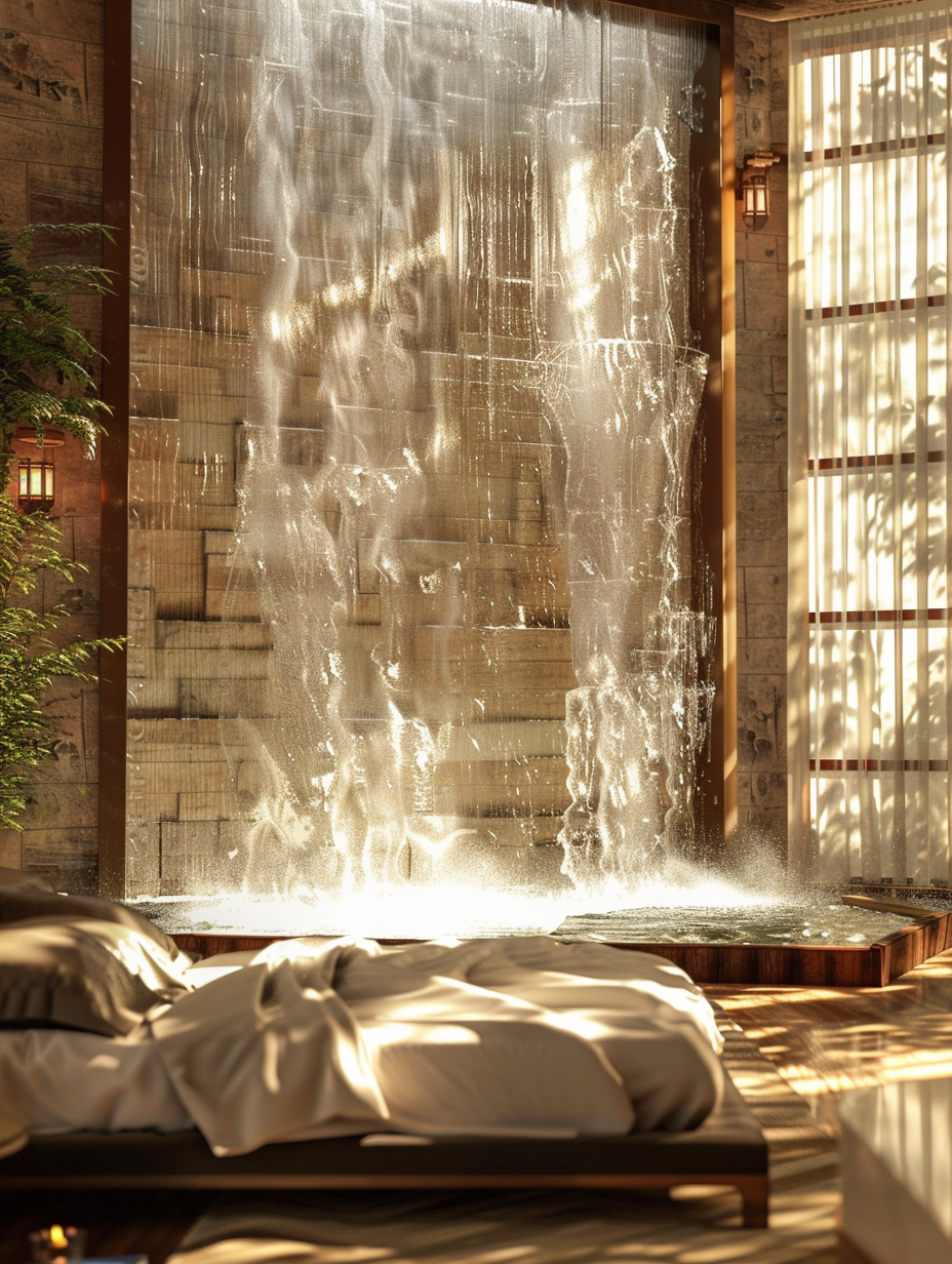 Capture a photorealistic image of a Natural Lights - Luxury Hotel Room Design inspired by waterfalls, utilizing global illumination to showcase the harmony between artificial and natural lighting. The room features a cascading crystal-clear water wall as a centerpiece, with sunlight filtering through sheer curtains, casting gentle patterns on the luxurious, earth-toned bedding and sleek, modern furniture. The camera, a Canon EOS R5 with a 50mm f/1.2L lens, is positioned for a wide shot that balances the room's elegance with the raw beauty of the waterfall, emulating the style of a Peter McKinnon 2020s landscape piece. Aim for high detail, sharp focus, and subtle film grain to add texture. The overall composition should convey a tranquil, inviting atmosphere, highlighting the intricate textures of natural wood finishes and the reflective sheen of water, complemented by the soft glow of strategically placed ambient lights.