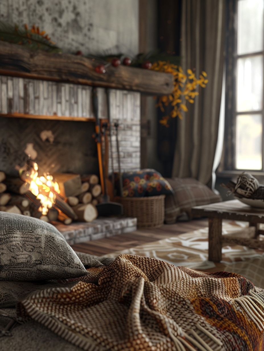 Capture a photorealistic image of a rustic farmhouse living room that brims with homely touches. The main subject should focus on a cozy fireplace adorned with vintage tools, surrounded by plush, textured seating that invites relaxation. Emphasize high detail and sharp focus to enhance the fabric's weave and the wood's grain, showcasing the natural wear and tear that adds character. Use global illumination to mimic the soft, warm glow of late afternoon sunlight filtering through gauzy curtains, casting a harmonious blend of light and shadow across the scene, enriching the textures. The camera settings should mimic a full-frame DSLR, using a 50mm prime lens with an aperture of f/1.8 for a shallow depth of field that subtly blurs the background, directing focus to the fireplace and seating area. This setup, inspired by the crisp quality and natural lighting techniques seen in the works of photographers like Annie Leibovitz, should produce an image that feels like a high-quality 2020s visual content snapshot, balancing composition with a hint of film grain to convey depth and realism.