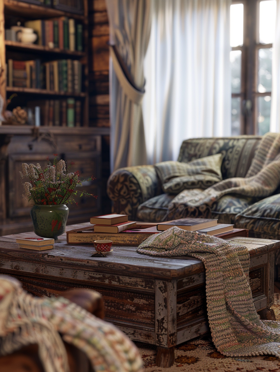 Generate a photorealistic image capturing the essence of a rustic farmhouse living room, embodying warmth and simplicity. The main focal point should be an antique, weathered wooden coffee table, surrounded by a cozy, plush sofa and mismatched, vintage armchairs, all basking in the soft, natural light filtering through sheer, linen curtains. Advanced lighting techniques, such as global illumination, should highlight the intricate textures of the wood and fabrics, creating a play of light and shadow that adds depth and realism to the scene. The camera setup mimics that of Annie Leibovitz's portrait style, employing a Canon EOS-1D X Mark III with a 50mm f/1.2 lens, achieving high detail and sharp focus, while a slight film grain texture invokes a sense of warmth and nostalgia. Compositionally, the room is balanced with elements like a distressed bookshelf brimming with well-loved books, a chunky knit throw casually draped over the sofa, and a rustic, wrought-iron chandelier overhead, contributing to the overall mood of casual, lived-in elegance. The scene, evocative of early 2020s high-quality visual content, should feel like a moment frozen in time, inviting and genuine.