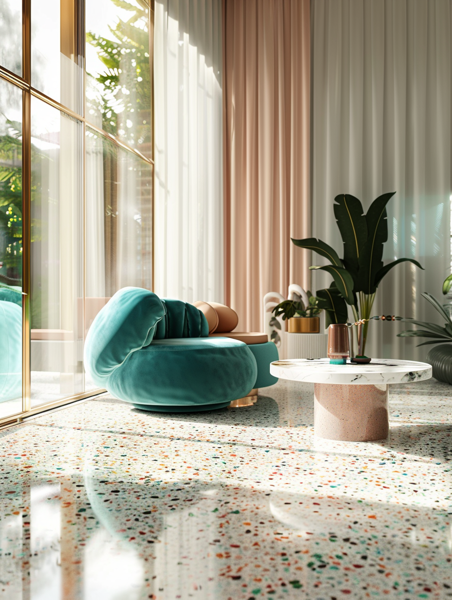 Create a photorealistic image of a sleek, retro revival themed interior design, predominantly showcasing terrazzo flooring with vibrant flecks of pink, teal, and cream. The scene is lit by cascading natural light from floor-to-ceiling windows, which is softened by sheer, white curtains, creating subtle shadows and highlighting the terrazzo's glossy finish. The room is furnished with mid-century modern pieces: a teal velvet sofa, a round marble coffee table, and abstract, geometric wall art. The camera, a Canon EOS R5 with a 24-70mm f/2.8L lens, captures the scene at a 35mm focal length, ensuring high detail and sharp focus throughout. The image composition balances the rich textures of terrazzo against the smooth, clean lines of the furniture, with the lighting evoking a warm, inviting atmosphere. The final touch, film grain effect, is added to imbue the scene with a tactile quality reminiscent of high-quality 2020s visual content.