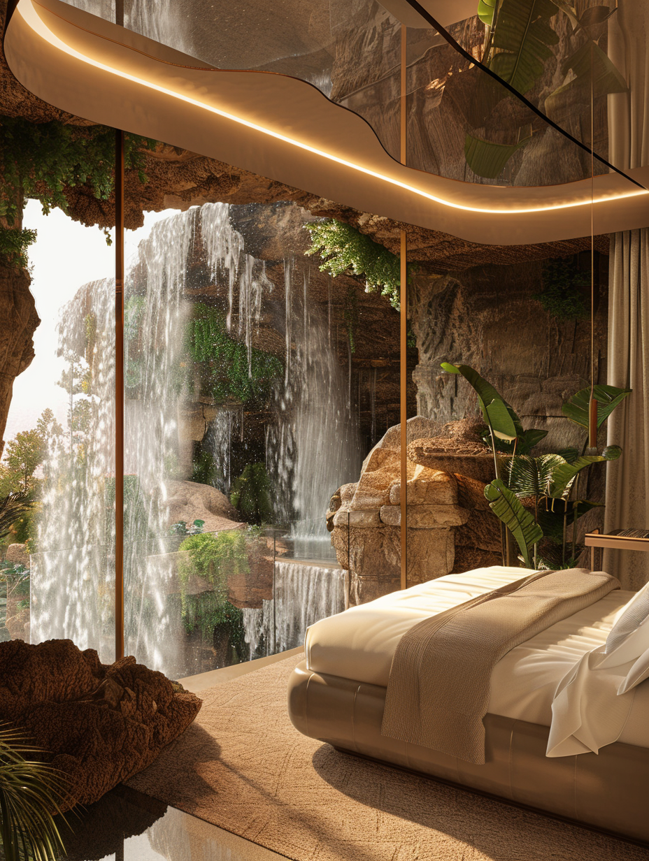 Capture a photorealistic image of a luxurious hotel room, inspired by the tranquility and beauty of natural waterfalls. Focus on a spacious room with a floor-to-ceiling window that reveals a stunning, artificially designed waterfall outside, blurring the line between interior opulence and natural wonder. The room is bathed in soft, natural light filtering through the window, highlighting the intricate textures of the stone and wood finishes that echo the waterfall's organic forms. Include a king-sized bed with plush, white linens in sharp focus, positioned to allow the occupant an unobstructed view of the waterfall. Advanced lighting techniques should emulate the subtle diffusion and global illumination of early morning light, casting gentle shadows and creating a serene atmosphere. Camera settings: full-frame DSLR, 35mm lens, f/8 for depth and clarity, balanced ISO for minimal film grain. The composition balances the opulent interior with the breathtaking view, evoking a sense of harmony and luxury akin to high-quality content by renowned photographers like Ansel Adams or the cinematic grandeur of a Terrence Malick scene. High detail and texture throughout ensure the image's realism, from the weave of the fabrics to the natural patterns of the stone.