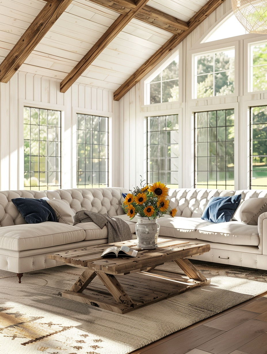 Craft a photorealistic image showcasing a Modern Farmhouse Interior, blending rustic charm with contemporary elegance. Central to this scene is a spacious, sunlit living room featuring a high ceiling with exposed wooden beams. White shiplap walls contrast with a dark-stained hardwood floor, upon which rests a large, soft-gray, tufted sectional sofa, accented with navy-blue and mustard-yellow throw pillows. A vintage, distressed wooden coffee table sits at its center, adorned with a vase of fresh sunflowers. The room is bathed in natural light from large, floor-to-ceiling windows, draped with sheer, lightweight curtains that flutter gently in a soft breeze. The illumination highlights textures and creates a warm, inviting ambiance. The scene should be captured using a full-frame camera fitted with a 24mm f/1.4 lens to ensure sharp focus across the room while offering a slightly wide perspective that emphasizes the room's spaciousness. Aim for the refined aesthetic seen in the works of renowned architectural photographers, employing a balanced composition, high detail, and a subtle film grain to enhance the image's realism. The lighting techniques should mimic global illumination and the nuanced play of light and shadow seen in high-quality 2020s visual content, lending depth and authenticity to the scene.