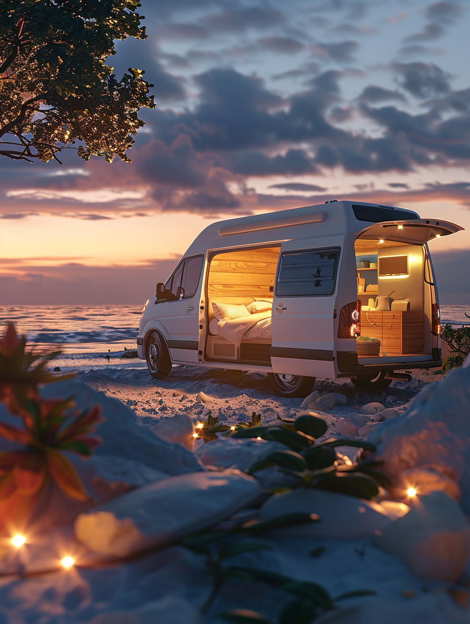 Capture a photorealistic image of a meticulously remodeled camper van, parked beachside during the golden hour, integrating global illumination for that natural, serene ambience. The scene embodies the essence of a coastal retreat, with the van door open to reveal a cozy, modern interior: sleek, wooden finishes, compact kitchenette with brushed steel appliances, and a snug sleeping area adorned with soft, neutral-toned linens. The composition balances the warm interior lights against the cooler, diffused sunlight, creating a harmonious blend of indoor comfort and the great outdoors. The camera setup focuses on sharp detail and high resolution, opting for a Canon EOS R5 equipped with a 24-70mm f/2.8L lens, settings favoring a shallow depth of field to artistically blur the background while keeping the van and its immediate surroundings in crisp focus. This imagery, aiming for the high-quality visuals of the 2020s, should evoke the style of a Peter McKinnon landscape shot, with the added grit and texture of film grain to enrich the image's realism.