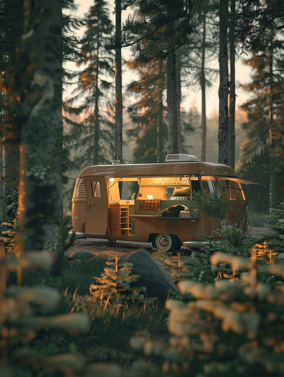 Capture a photorealistic image of an elegantly remodeled vintage camper van, nestled in a golden-hour-lit forest clearing. In this high-detail, sharp focus capture, emulate the work of a Nikon D850 using a 35mm f/1.4 lens to achieve a shallow depth of field, highlighting the van's sleek, modern interior against the warm, natural outdoor light seeping through the windows. The interior boasts a minimalist design with a monochrome palette, accented by pops of green from small potted plants and soft, ambient lights underlining cabinets. Outside, the van is framed by towering pines, their shadows adding depth and contrast to the scene. Reflect the style of 2020s high-quality visual content, balancing the composition with the van as the focal point amidst a serene, natural backdrop, ensuring texture and mood are conveyed through the play of light and shadow across the scene.