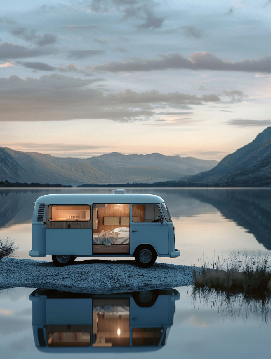 Capture a photorealistic image of an elegantly remodeled camper van parked by a serene lakeside at golden hour, embodying the essence of adventurous freedom. The van, a vintage model painted in soft, pastel blue, boasts a modern, minimalistic interior visible through its open back doors. Inside, high detail and sharp focus reveal a cozy, multifunctional space featuring light oak woodwork, white walls, and space-saving furniture, including a convertible bed-to-dining area. Incorporate global illumination to mimic the natural light pouring in, casting a warm, inviting glow and creating soft shadows that add depth. The scene is framed with a wide-angle lens to capture the entirety of the van and its stunning surroundings, ensuring the image feels vibrant and alive, reminiscent of the work of a renowned 2020s lifestyle photographer. The composition balances the van's interior detail with the breathtaking landscape, accentuated by the lake's reflective surface and the sky's shifting colors. High detail, the interplay of light and shadow, and a touch of film grain enhance the photorealistic quality, making the scene appear as an authentic snapshot of a nomadic lifestyle.