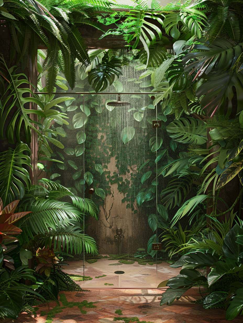 Capture a photorealistic image of a luxuriously expansive plants-shower room designed with a lush jungle inspiration. Begin with a crisp focus on the central glass-enclosed shower, enveloped by rich, verdant tropical foliage—ferns, hanging pothos, and towering monsteras framing the space. Employ advanced lighting to illuminate the scene with a soft, diffused natural light pouring in from a skylight above, mimicking the serene glow of early morning in a rainforest. The camera angle is eye-level, utilizing a Canon EOS R5 fitted with a 24-70mm f/2.8L lens, ensuring the entire composition is in sharp focus while still capturing fine details like water droplets on leaf surfaces and the subtle texture of the wood and stone materials used throughout the room. Emulate the vibrant yet soft color grading typical of Annie Leibovitz's portrait work, balancing the greens' saturation against the earthy browns and greys of the room. Consider the balance of the composition, placing the shower slightly off-center, surrounded by plants to lead the viewer's eye through the scene naturally. Aim for high detail, crisp textures, and a dynamic range of colors to convey a sense of immersion and tranquility, akin to stepping directly into a secluded part of the jungle.