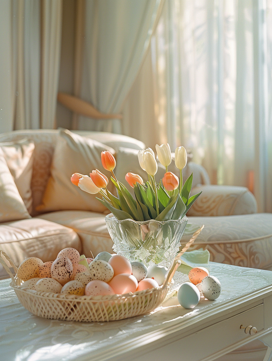 Capture a sunlit, spacious living room adorned with Easter-themed decorations, channeling the vibrant yet soft tones of a serene spring morning. The scene should be taken with a full-frame DSLR camera, 50mm f/1.2 lens, to ensure sharp focus on the central coffee table adorned with pastel-colored Easter eggs, delicate tulips in a crystal vase, and scattered speckled feathers. Utilize natural light flowing through sheer curtains, creating a soft, diffused global illumination accentuated by subtle shadows that highlight textures like the woven basket filled with dyed eggs and the plush, inviting sofa in the background. Embrace the style of high-resolution 2020s interior design magazines, showcasing a perfect balance of composition, with the eye drawn to the meticulous details and the harmonious Easter palette. Ensure the image exudes a realistic ambiance through high detail, controlled film grain, and a depth of field that gently blurs the background, making the Easter setup the unequivocal focal point.