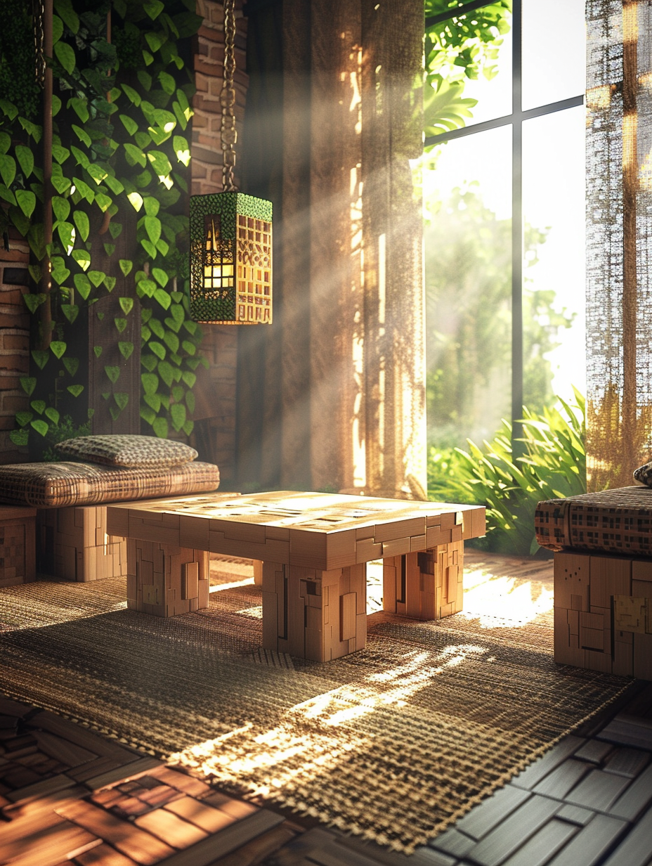 Craft a photorealistic image embodying the essence of a Minecraft-inspired interior design, where the geometric simplicity meets natural-inspired elements. The scene is bathed in soft, morning light filtering through sheer curtains, casting subtle shadows and highlighting textures like the smooth, wooden floor and the intricately woven wool rug reminiscent of a Minecraft block pattern. A centerpiece, a cubic wooden coffee table, matches with plush, square-shaped sofas adorned with block-print cushions. On the walls, pixel art mimics Minecraft landscapes. The camera, a Canon EOS 5D Mark IV with a 24-70mm f/2.8 lens, captures this scene from a slight high angle, delivering sharp focus and rich detail, evoking the high-quality visual content of the 2020s. The inclusion of a softly glowing, craft-style pendant lamp introduces an advanced lighting technique, mimicking global illumination and enhancing the real-world feel of the image. The composition balances the modern with the nostalgic, inviting the viewer into a space that feels both incredibly familiar and wonderfully novel.