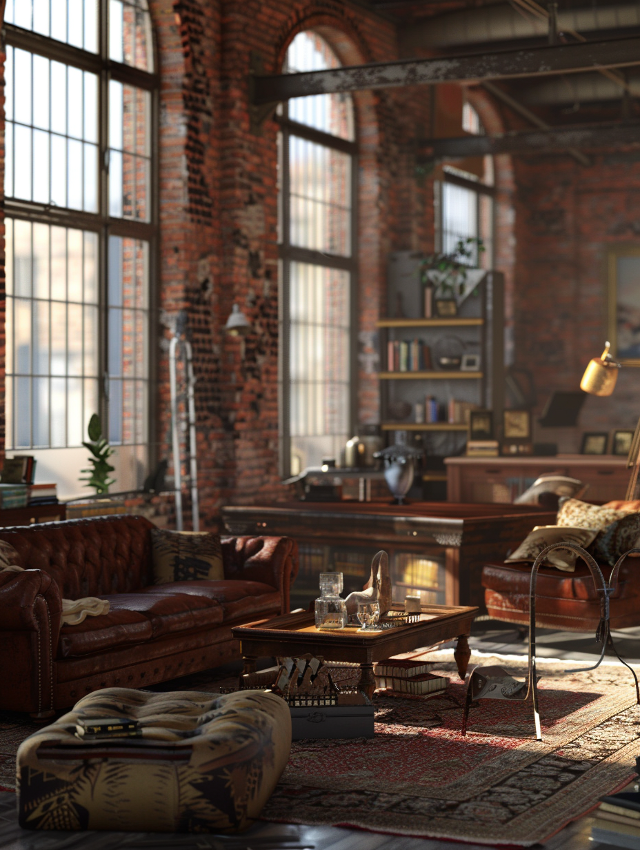 Photorealistic image prompt: Capture the essence of a Metropolitan Chic - Urban Loft Interior, emulating the style of a 2020s high-quality Vogue Interiors shoot. The loft features soaring ceilings and exposed brick walls, bathed in natural light streaming through large, industrial windows, accentuating the rich textures of velvet and leather furniture. The scene is meticulously composed, aligning with the rule of thirds for visual harmony. Focus on achieving a sharp, high-detail image with a full-frame DSLR camera, using a 50mm prime lens at f/1.8 for a shallow depth of field and beautiful bokeh, enhancing the cozy yet sophisticated atmosphere. Advanced lighting techniques, including global illumination, should highlight the subtle interplay of light and shadow, showcasing the loft's dynamic textures and materials. The shot is balanced, with the loft's unique features and stylish decor positioned to lead the viewer's eye naturally through the space, capturing the urban chic essence in a snapshot that feels both intimate and expansive. Reference the mood of serene elegance, akin to iconic film scenes that use natural lighting to convey a sense of authenticity and immediacy.