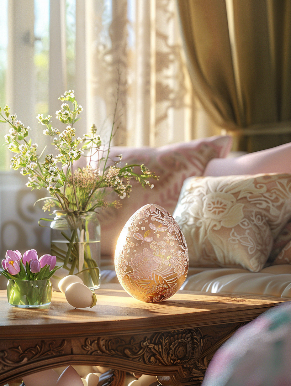 Create a photorealistic image of an Easter-themed living room bathed in the soft, golden light of early morning. The main subject is a large, elegantly decorated Easter egg centerpiece on a wooden coffee table, reflecting the warm glow of sunlight filtering through sheer curtains. Surrounding it are plush, pastel-colored throw pillows and vases filled with fresh spring flowers. The detailed texture of the egg's intricate patterns, the softness of the pillow fabrics, and the natural freshness of the flowers should be in sharp focus, showcasing high detail and depth. The composition balances natural light and shadow, emulating the style of a Peter Lindbergh portrait with its filmic quality, gentle film grain, and ambient warmth. Camera settings: 50mm lens, f/1.8 for a shallow depth of field, ensuring the centerpiece is the focal point while softly blurring the room's edges. The scene feels alive, capturing the essence of Easter with a sense of renewal and comfort.