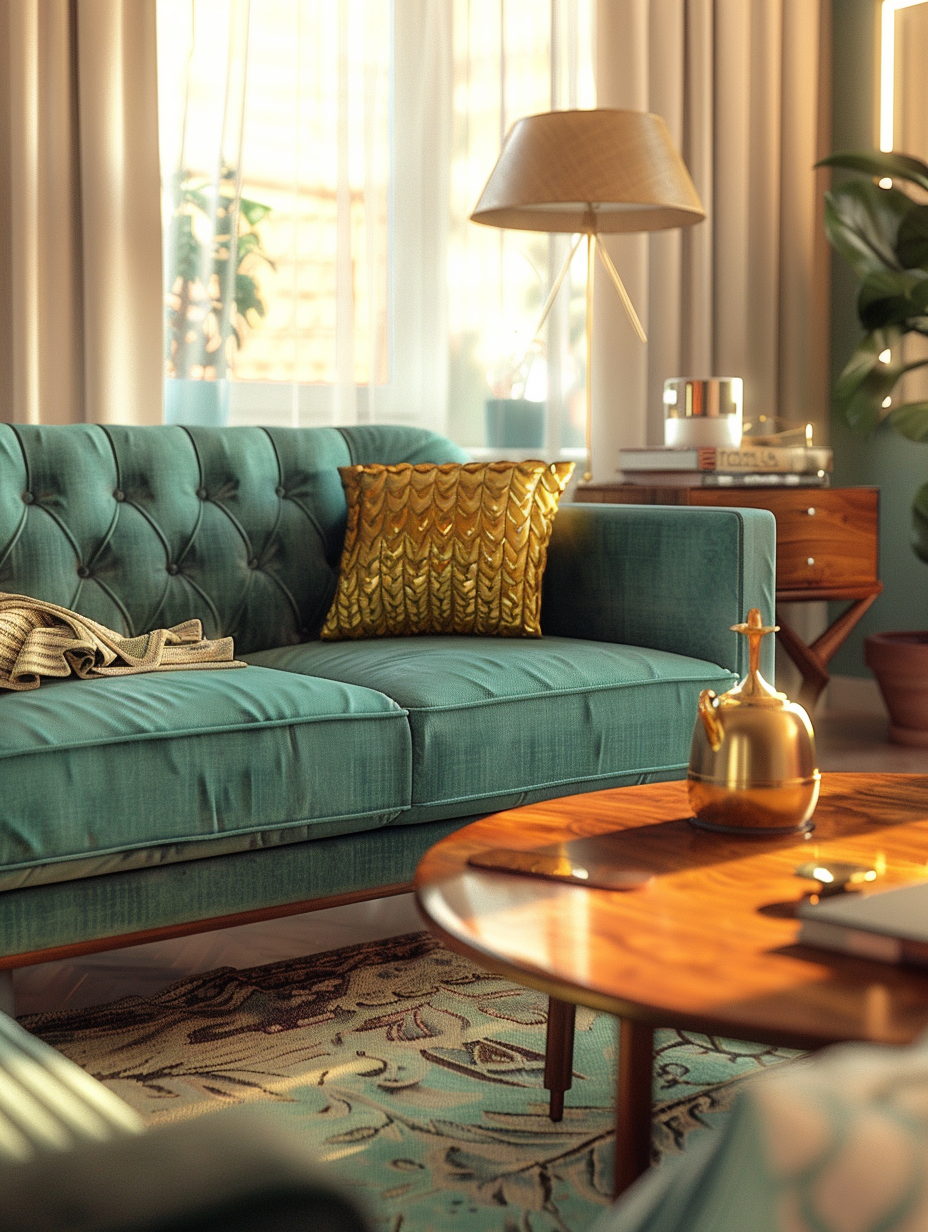 Craft a photorealistic image of a Retro Chic Vintage Glam Living Room, capturing its essence with high detail and sharp focus. Use a full-frame DSLR camera, equipped with a 50mm prime lens, set to f/1.8 for a shallow depth of field, enhancing the luxurious textures and intricate patterns of the 70s-inspired furnishings. Emphasize the global illumination bouncing off a golden hour sun, filtering through sheer curtains, to cast a warm, natural light and soft shadows across the scene, highlighting the velvety textures of a teal sofa, the glossy finish of a rosewood coffee table, and the geometric shimmer of brass accents. Frame the composition to balance the ornate decor with the spaciousness of the room, invoking the visual style of Wes Anderson's symmetrically framed shots, paired with the textural richness seen in Annie Leibovitz's portraits. Aim to achieve a mood that is both nostalgic and inviting, with a hint of film grain to enhance the vintage appeal and ground the image in a realistic, tangible world.