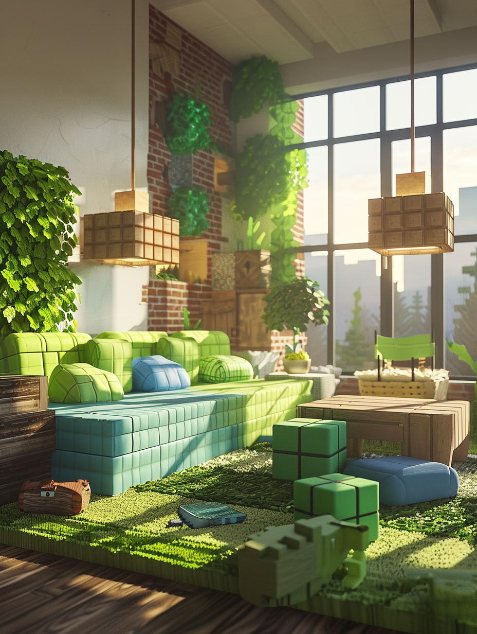 Create a photorealistic image capturing a modern living room inspired by Minecraft, featuring cubic furniture such as a blocky, pixel-style sofa in shades of green and blue, complemented by a square wooden coffee table. The setting is illuminated by the warm, diffused light of a late afternoon, filtering through broad, floor-to-ceiling windows, showcasing advanced lighting techniques like global illumination and soft shadows that mimic real-world conditions. The camera angle is a low, wide shot, utilizing a high-quality DSLR setting with a 24mm lens at f/1.4 for a shallow depth of field, ensuring the foreground is in sharp focus while softly blurring the background. The composition balances the rugged, Minecraft-inspired elements with the sophistication of modern interior design, achieving a look that could belong in a high-end 2020s home décor magazine. Textural details like the weave of the rug and the grain of the wooden elements are captured in high detail, enhanced by subtle film grain to add depth and realism to the image.