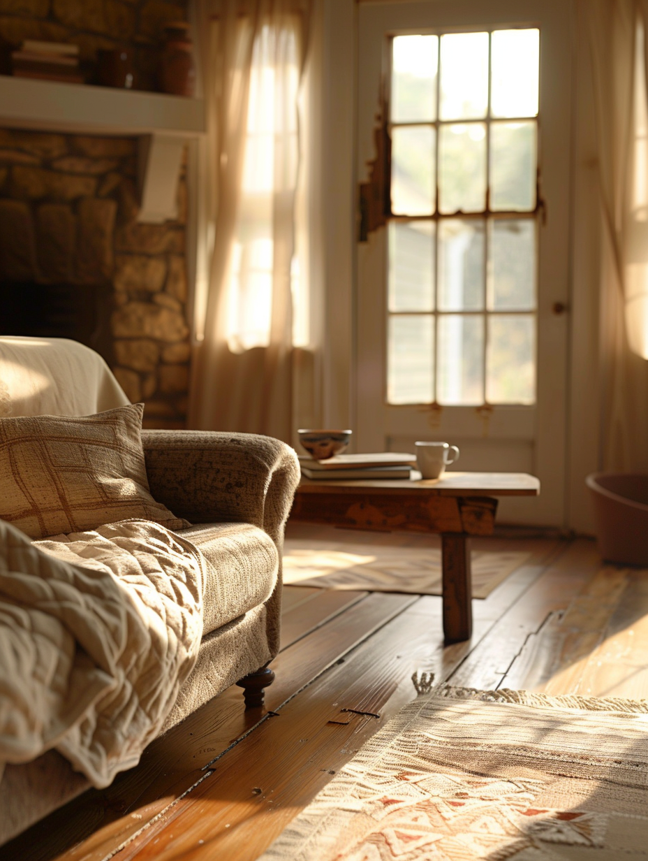 Capture a photorealistic image of a rustic farmhouse living room, infused with homely touches. The scene is bathed in the soft, golden light of late afternoon, streaming through sheer drapes, creating a dance of light and shadow on the natural wood floors. A plush, well-loved sofa, draped with a handmade quilt, invites relaxation, standing sentinel before a crackling fireplace whose stone surround whispers tales of yesteryears. The room is a symphony of textures: the rough hewn coffee table, a stack of weathered books, and ceramic mugs perched atop. In the background, a vintage farmhouse door slightly ajar, hints at mysteries beyond. Aim for high detail, with sharp focus on the main elements, yet allowing for the soft blend of shadows. Use a camera setting that mimics a Canon EOS 5D Mark IV with a 24-70mm f/2.8 lens, ensuring depth and clarity while capturing the richness of textures, from the grain of the wood to the weave of the fabrics. Style the image reminiscent of high-quality 2020s visual content, balancing the composition to evoke a sense of warmth, belonging, and serene rustic charm.