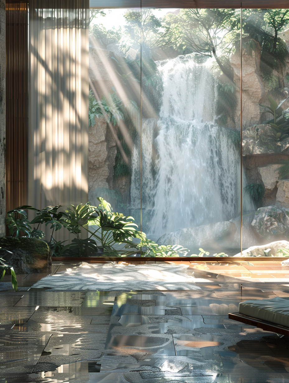 Craft a photorealistic snapshot of a Natural Lights-Luxury Hotel Room, inspired by cascading waterfalls. Focus on a sun-drenched, spacious interior, where the morning light filters through sheer drapery, casting a soft, natural glow. In the room's heart, design a bed with plush, crisp linens, mirroring the waterfall's purity. The back wall, a masterful, floor-to-ceiling glass panel, overlooks a serene, artificial waterfall, artfully integrating the exterior's dynamism. Subtle details, like the water's sparkle and the room's high-detail textures – warm wood grains, sleek stone finishes, and soft woven fabrics – invite a tactile sense. Use a Canon EOS R5 camera, with a 50mm f/1.2L lens, ensuring sharp focus, high detail, and a shallow depth of field that beautifully blurs the waterfall's vigorous movement. The composition balances the room's tranquility against the waterfall's vitality, achieving an equilibrium that echoes mid-2020s elegance, reminiscent of Simon Watson’s architectural photography. Emphasize the mood with a balanced mix of soft shadows and bright highlights, highlighting the natural beauty and architectural finesse with a lifelike intensity and texture.