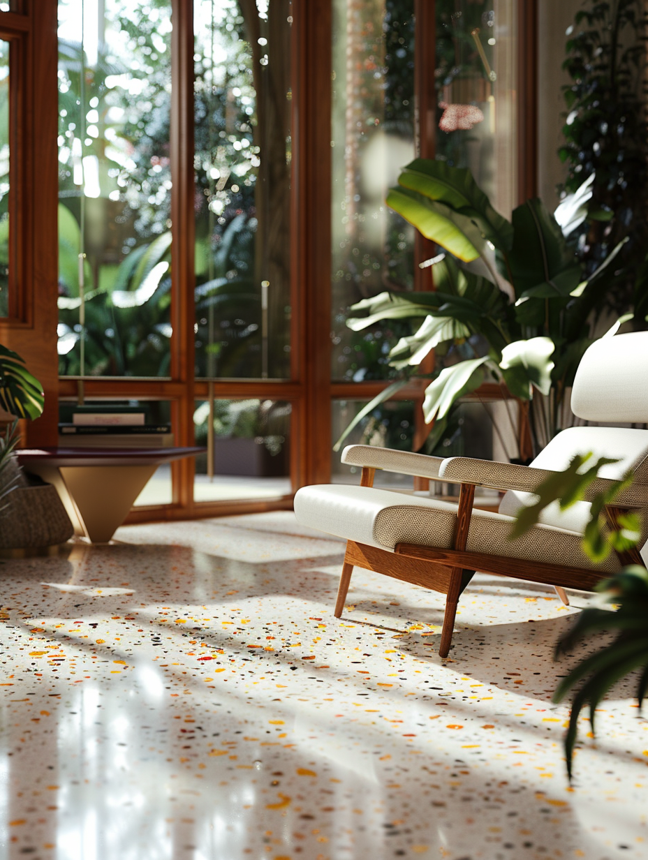 Craft a photorealistic image that emulates a Retro Revival themed interior design, showcasing the alluring complexity of terrazzo flooring. Focus on capturing the scene with a Canon EOS-1D X Mark III, using a 24-70mm f/2.8L lens to achieve sharp focus and high detail. Employ techniques to mimic natural light pouring in through large, vintage-style windows, creating soft shadows and highlighting the multicolored speckles within the terrazzo. The composition balances modern furniture with retro elements, featuring a mid-century modern armchair, a geometric patterned rug, and lush indoor plants, all contributing to a vibrant yet sophisticated atmosphere. Reference the lighting style of Gregory Crewdson for its surreal quality and attention to detail, ensuring the image carries the depth of film grain. The image should convey the texture of materials vividly, from the smooth terrazzo to the soft fabric of the furniture, achieving a balance that resonates with the quality of 2020s visual content.