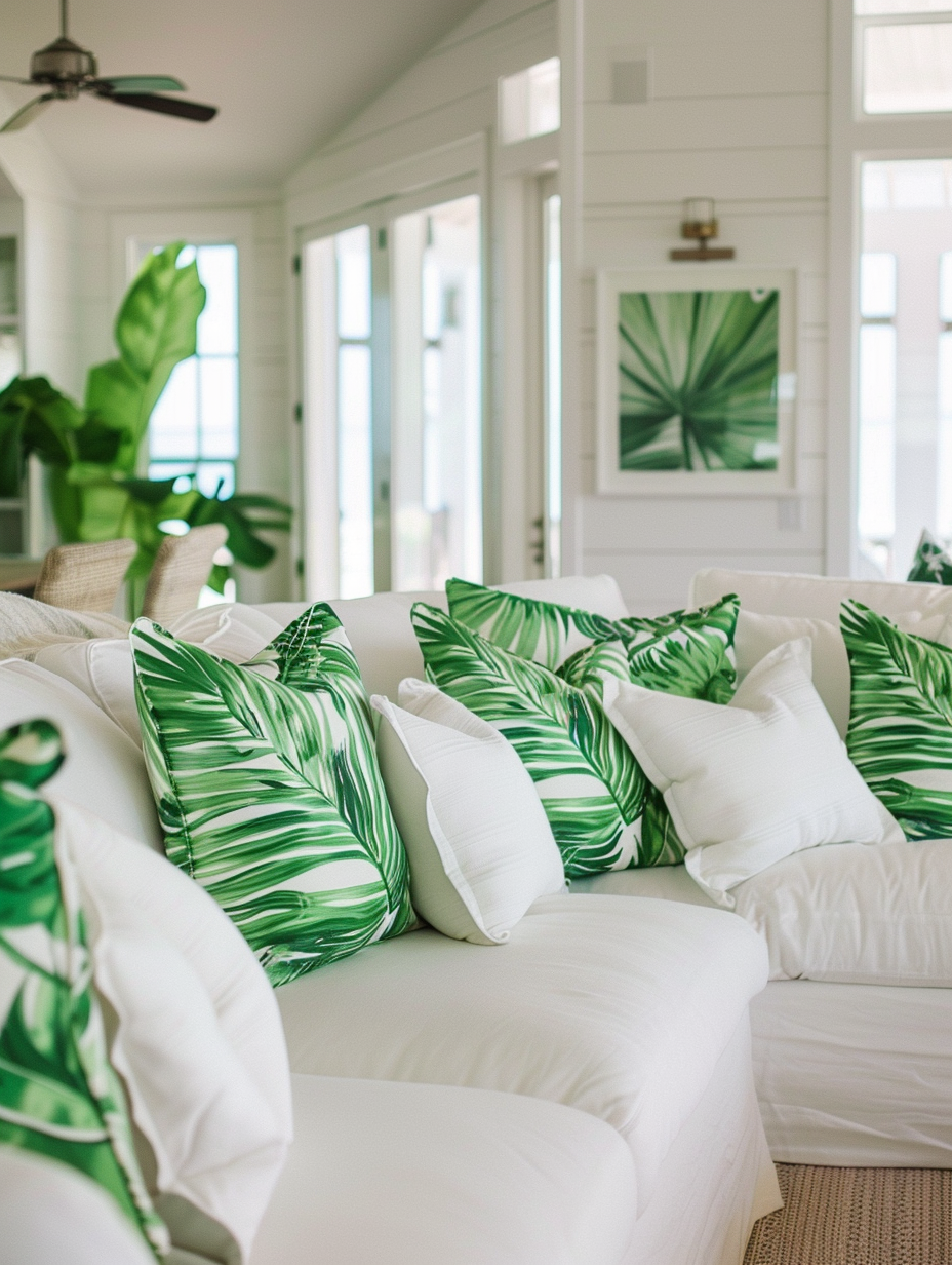 Modern Hawaiian living room. white sectional sofa with green palm leaf-patterned throw pillows.