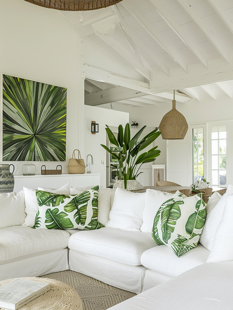 Hawaiian living room. Sleek white sectional sofa with tropical leaf-patterned throw pillows