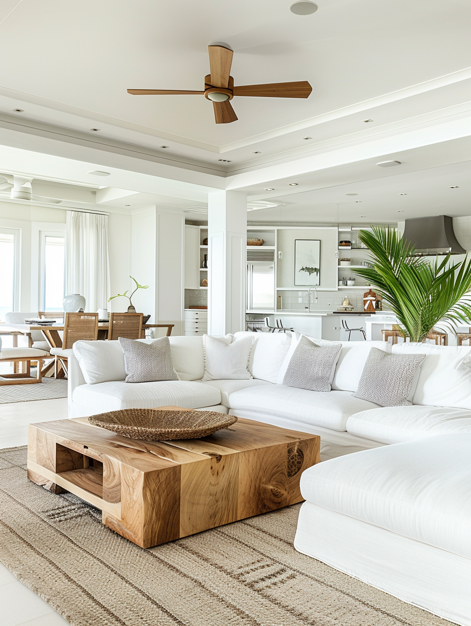 Minimalist and Modern Hawaiian Living Room. White sectional sofa with teak wood coffee table