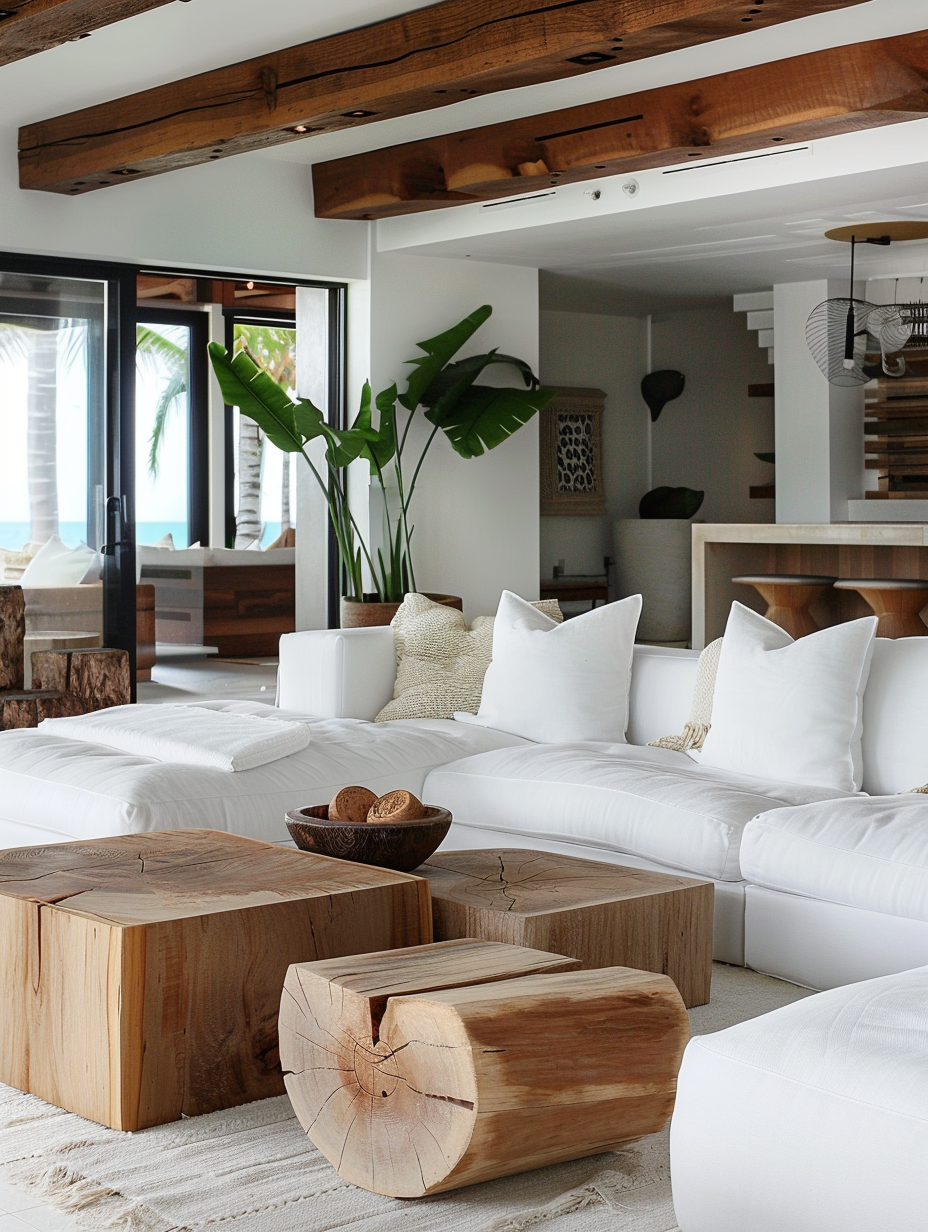 Modern Hawaiian Living Room. Low-profile white sectional sofa with teak wood accents