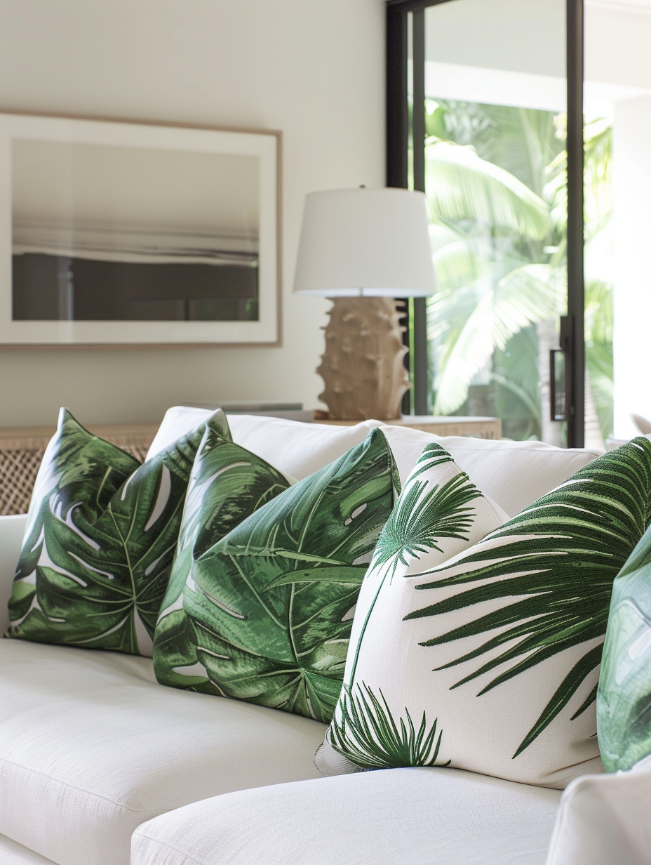 Minimalist and Modern Hawaiian Living Room. low-profile white sofa with green palm leaf throw pillows.