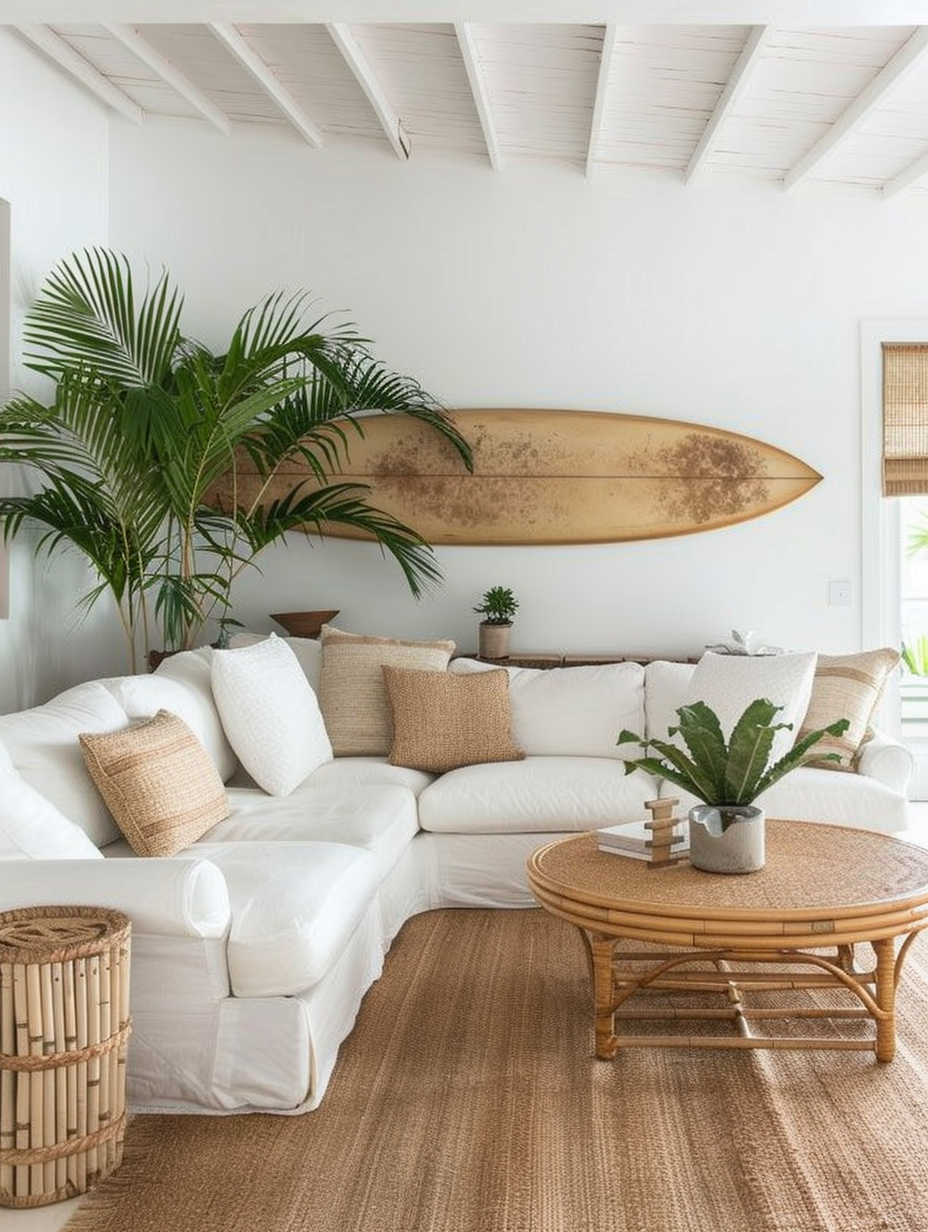 Minimalist and modern Hawaiian living room. White sectional sofa with light bamboo coffee table, accented by green indoor palm plants and a wall-mounted surfboard.