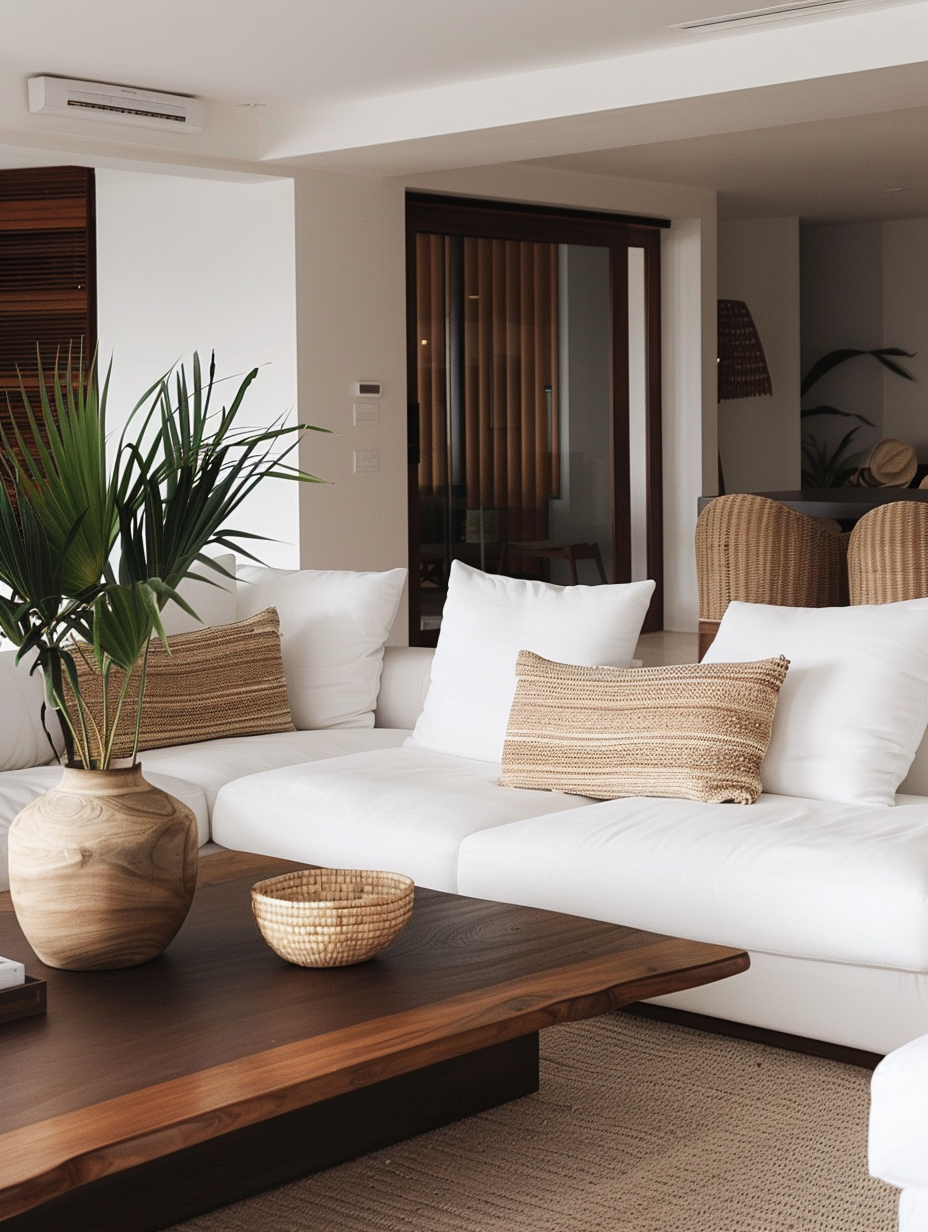 Minimalist and Modern Hawaiian Living Room. Sleek white sectional sofa with dark wood coffee table and tropical potted plant.