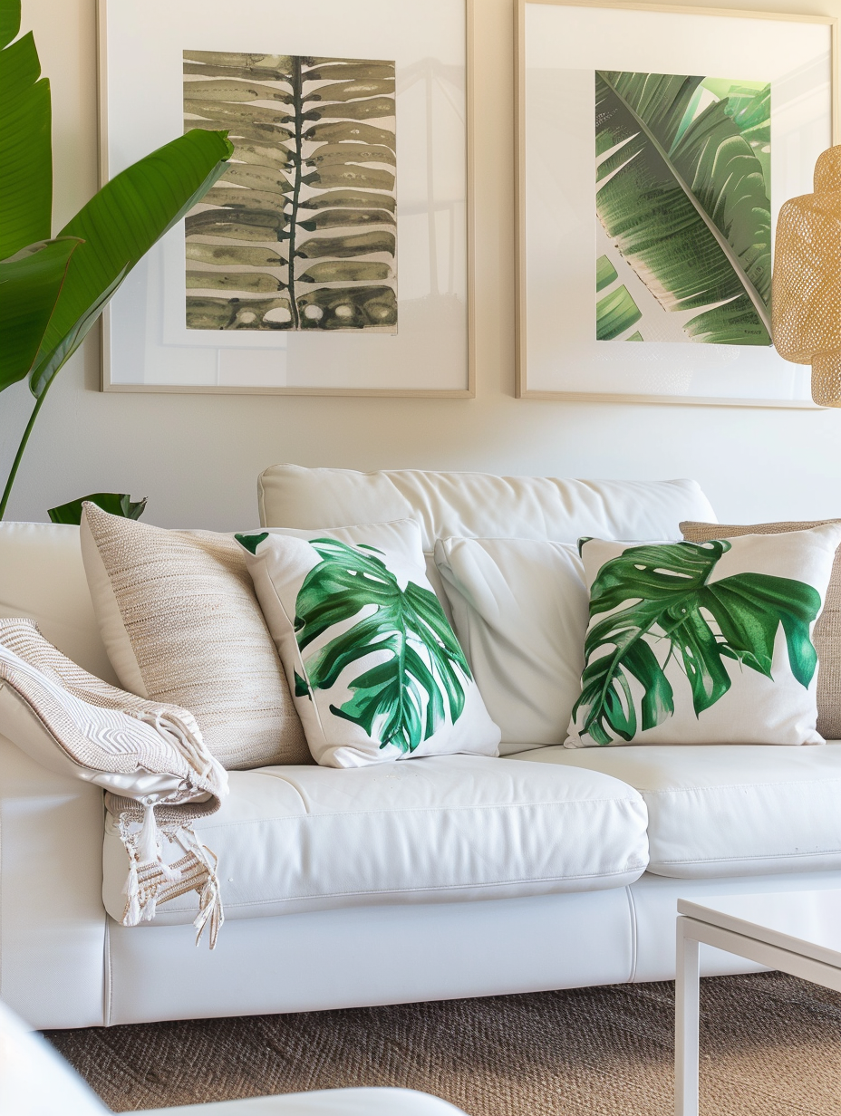 Minimalist and Modern Hawaiian Living Room. white leather sofa with tropical leaf print cushions