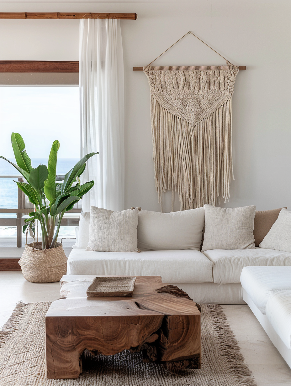 Minimalist and Modern Hawaiian Living Room. Low-profile white sofa with teak wood frame, macrame wall hanging above a natural wood media console, large potted monstera beside a sliding glass door revealing ocean view.