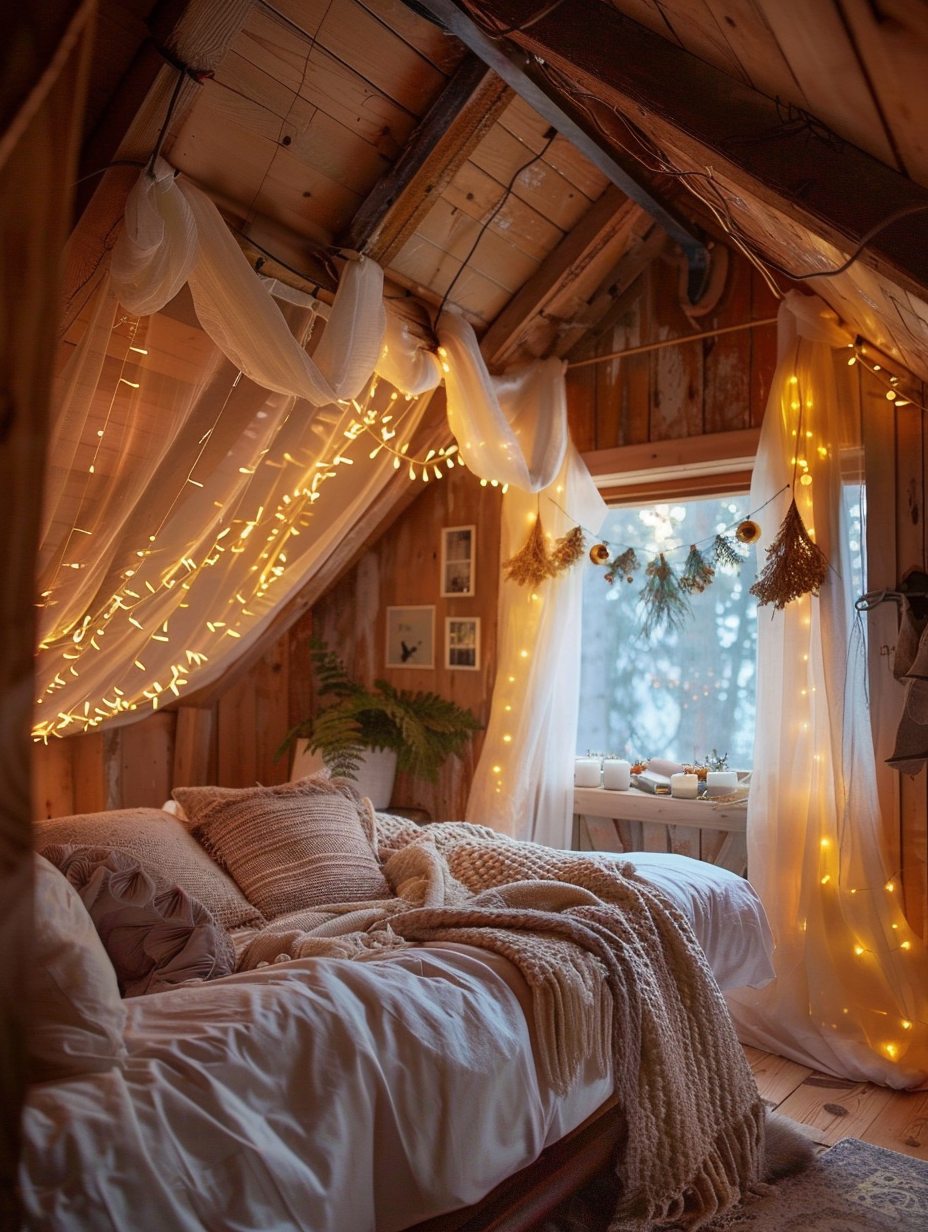 Whimsical house room design. Spec bedroom with exposed timber beams and fairy light strings.