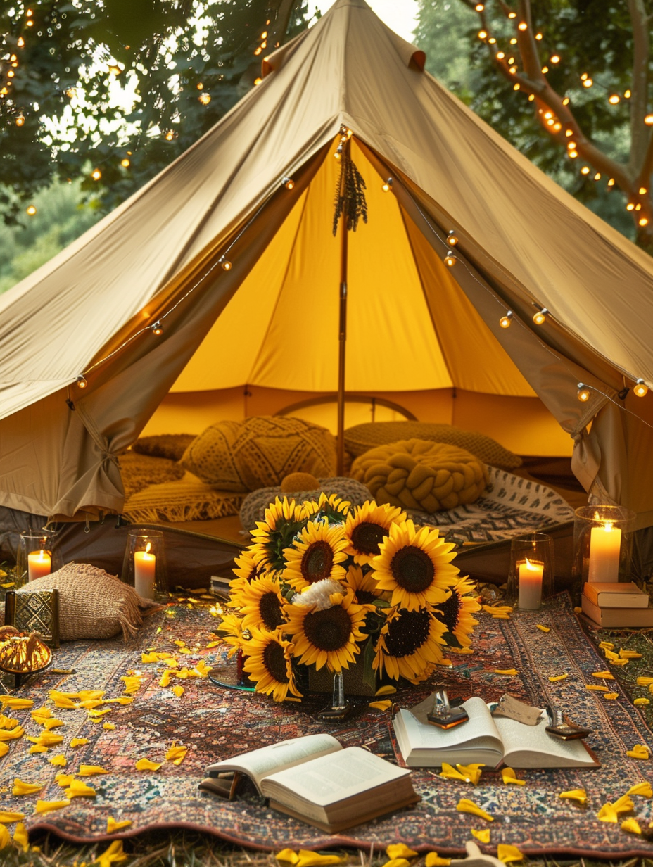 Glamping design. Yellow camping tent, with brown stew rugs, LED warm lights, bunched sunflowers as centerpiece, scattered hardcover books, partially melted candles, and coordinated yellow accessories placed around.