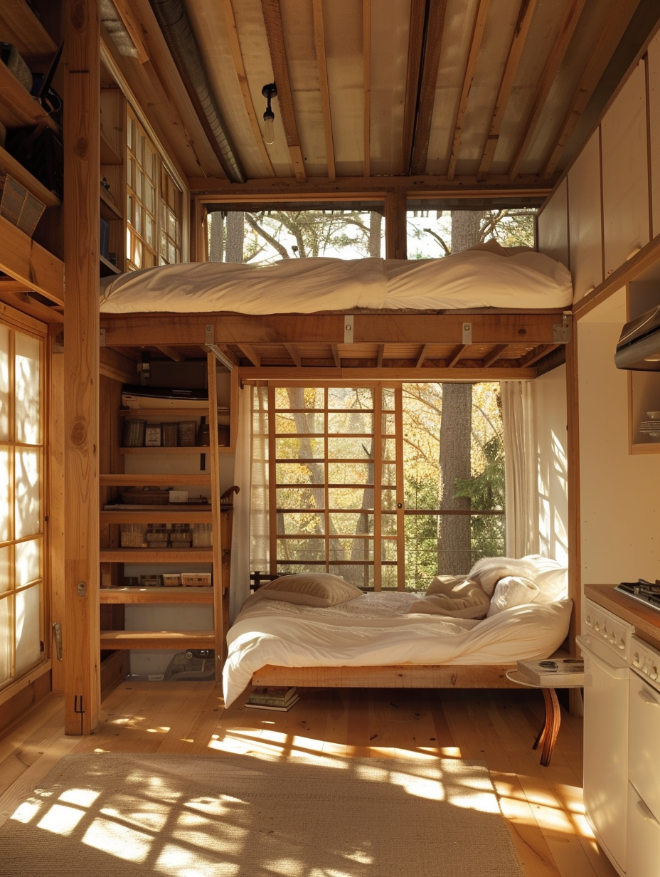 Japanese style tiny-house interior. Exposed wooden beams and sliding shoji doors.