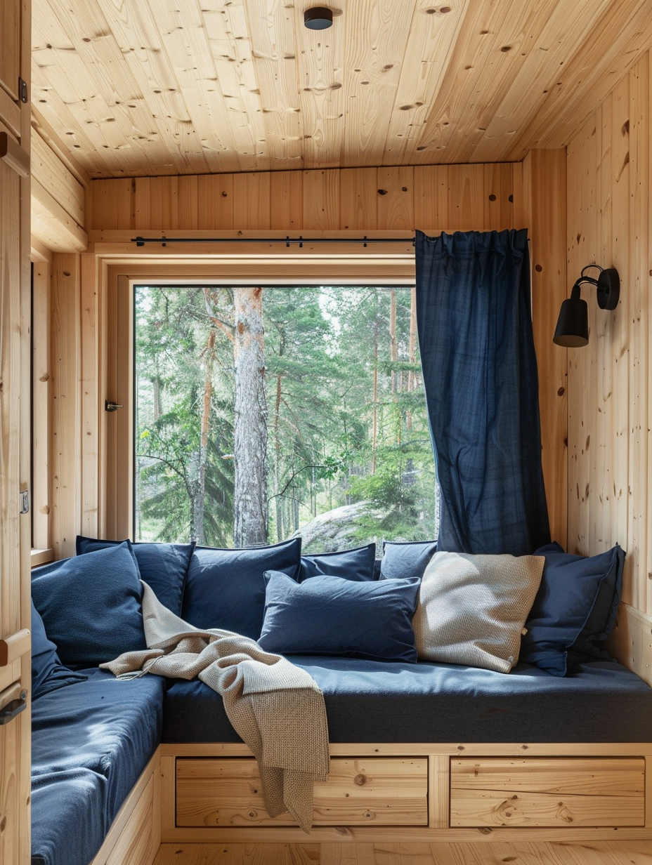 Small camper interior. Light wood wall paneling, minimalist furniture with navy cushions, lightweight curtains and a large window overviewing a forest.