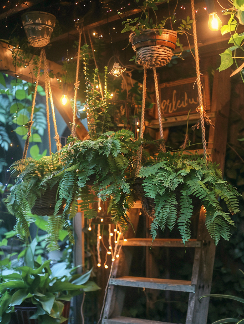 Boho garden design. Hanging handwoven macramé planters filled with romantic cascading ferns, neatly nestled within an upcycled antique rustic ladder backlighted with twinkling warm string lights.