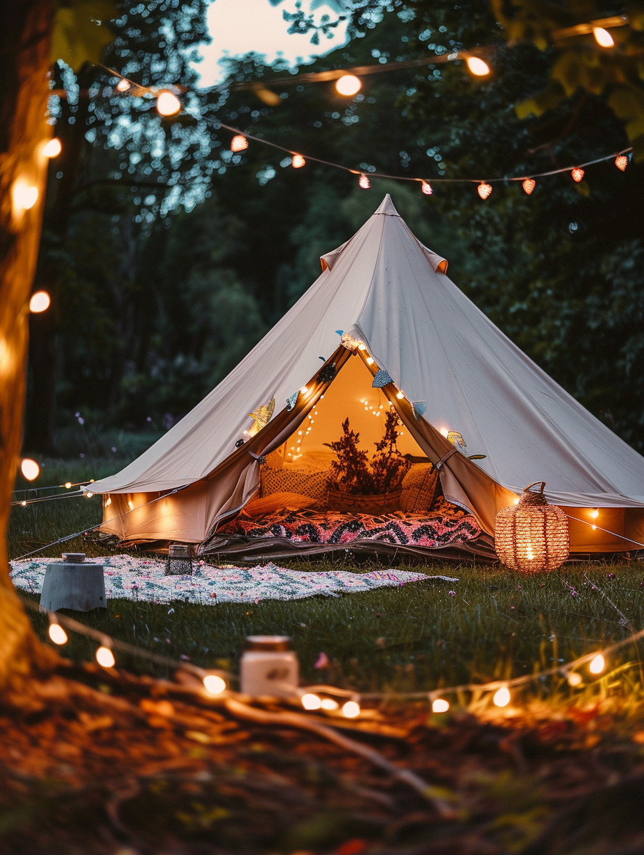 Glamping setup. Lavender bell tent with string fairy lights and floral buntings.