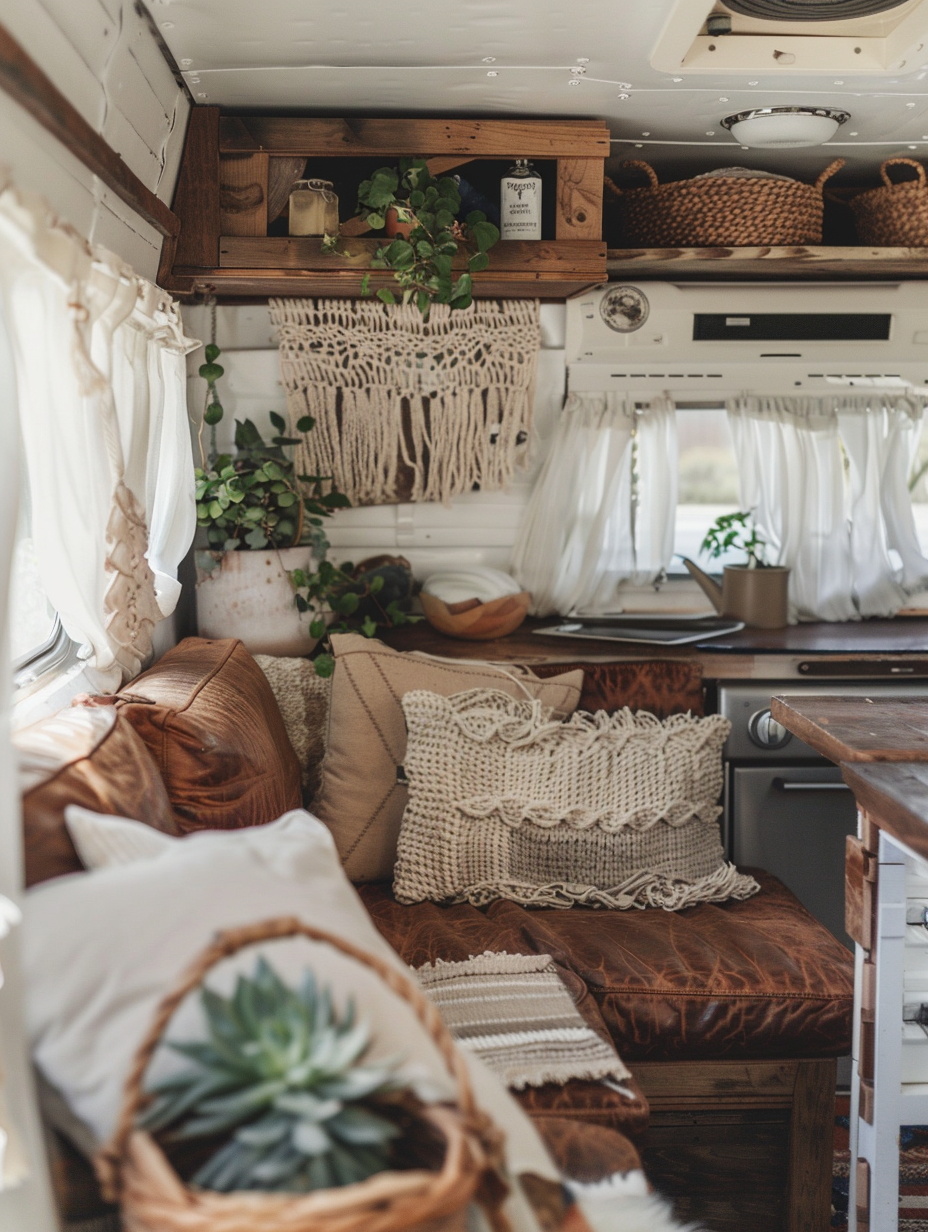 Boho RV camper interior. Distressed vintage leather couch, white macrame wall hangings, rattan storage units, crisp white cotton curtains, and succulent plant clusters on wooden countertops.