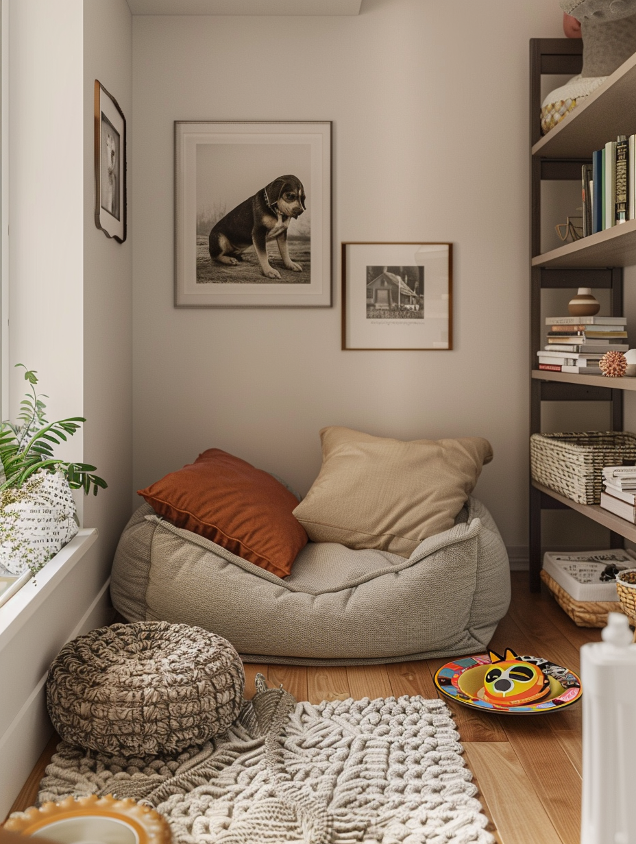 Dog-friendly corner in the apartment. Cozy, chunky knit pet bed nestled in the corner by a bookshelf, an interactive floor toy nearby, a personalized photo-frame featuring the resident dog's image on the wall, and a set of hand-painted, ceramic food and water bowls placed aside.