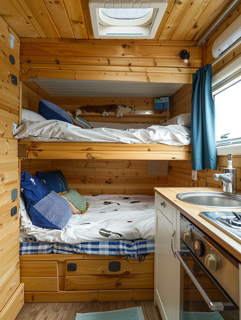 Small camper interior view. Wood paneled walls with white and blue color theme, featuring a compact bunkbed and a small gas cooker.