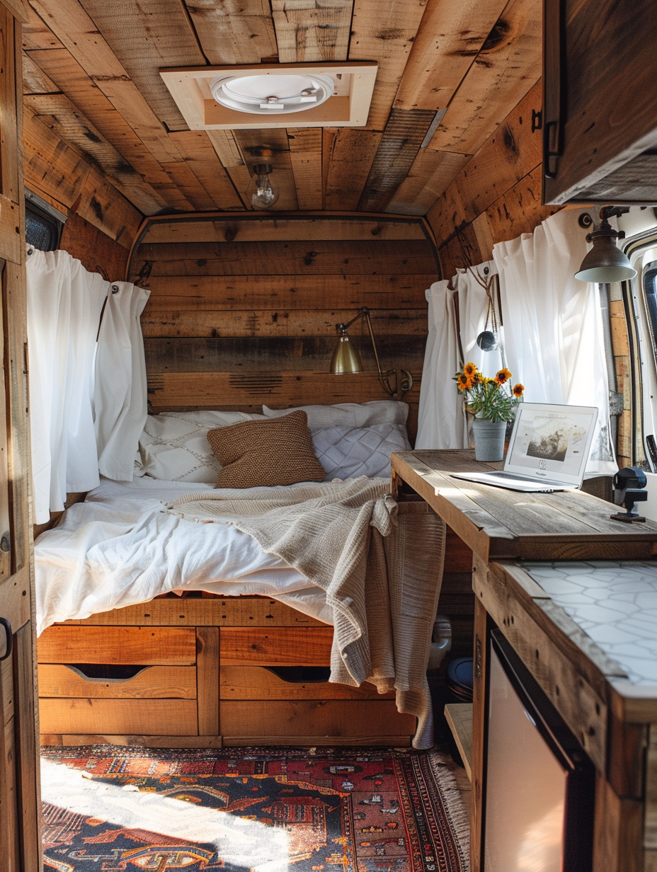 Camper van interior. Rustic wood-paneled walls with a built-in, fold-down desk, fresh white cotton curtains, an earth-toned area rug, and a brass reading lamp for late-night work on a sleek, silver laptop.