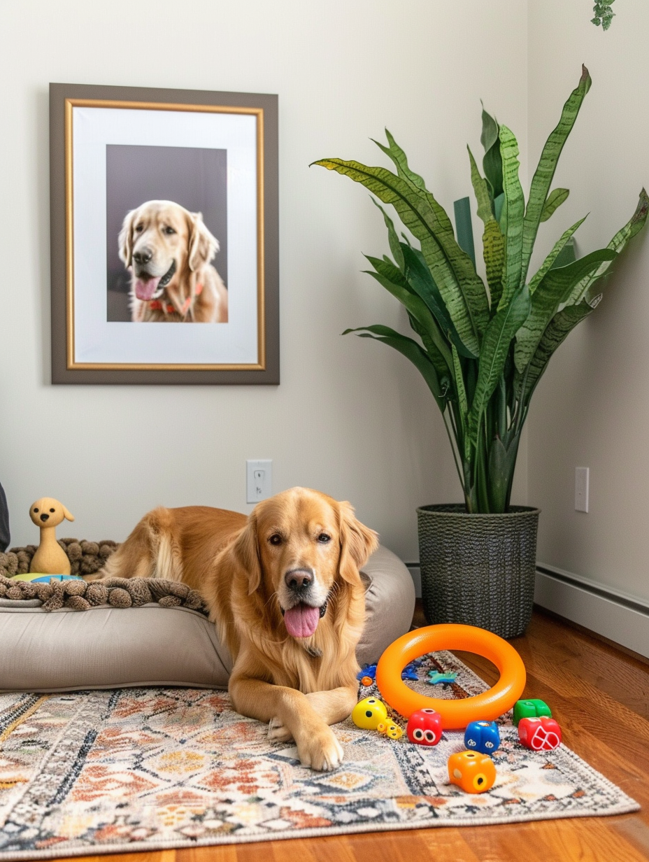 Dog-friendly corner in the apartment. Comfy dog bed positioned next to a tall plant, a wall-mounted picture of a golden retriever, and multiple chew toys scattered on a contrasting, patterned rug on the floor.