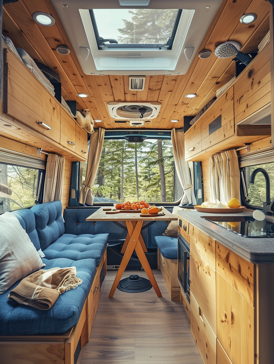 Small camper interior view. Wooden finish cabinets situated adjacent to a small, foldable dining setup with two cushioned chairs, a compact kitchen state at one end boasting a tiny fridge, induction stove, and a mini oven, accompanied by a skylight supplying natural illumination to highlight the warmth of the wooden design, a cozy, blue-tufted bed that transforms into a spacious seating alternative perched strategically at the other end with overhead storage compartments, complemented by curtains bearing a pleasant shade of cream.