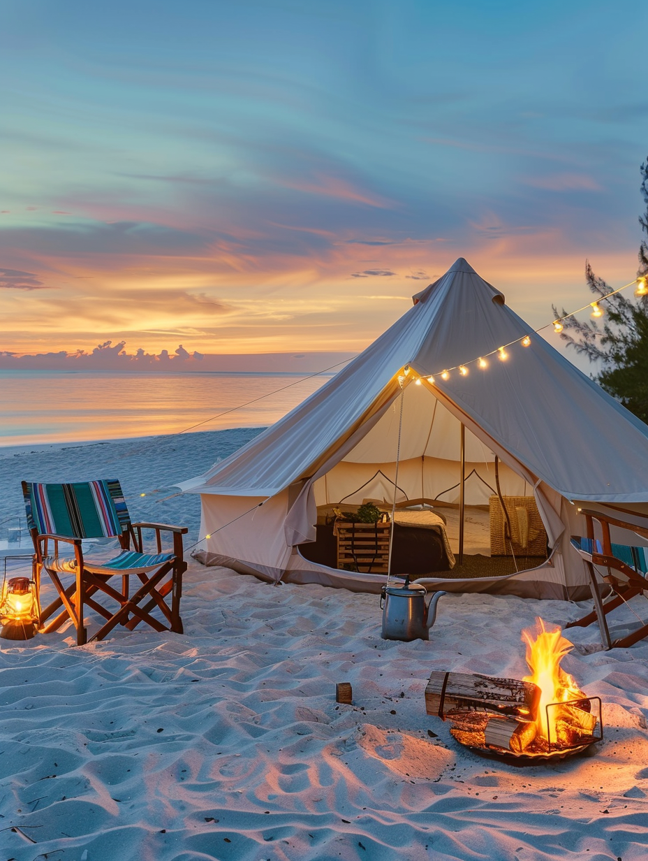 Beach camping design. A cream colored vintage canvas tent, strung-up solar powered LED fairy lights, adjacent fire pit with kettle, beach chairs with vibrant vermilion and turquoise striped fabric, placed on ivory hued sand, and a bamboo tiki torch inserted beside each chair, under the pastel orange and soft pink sunset.