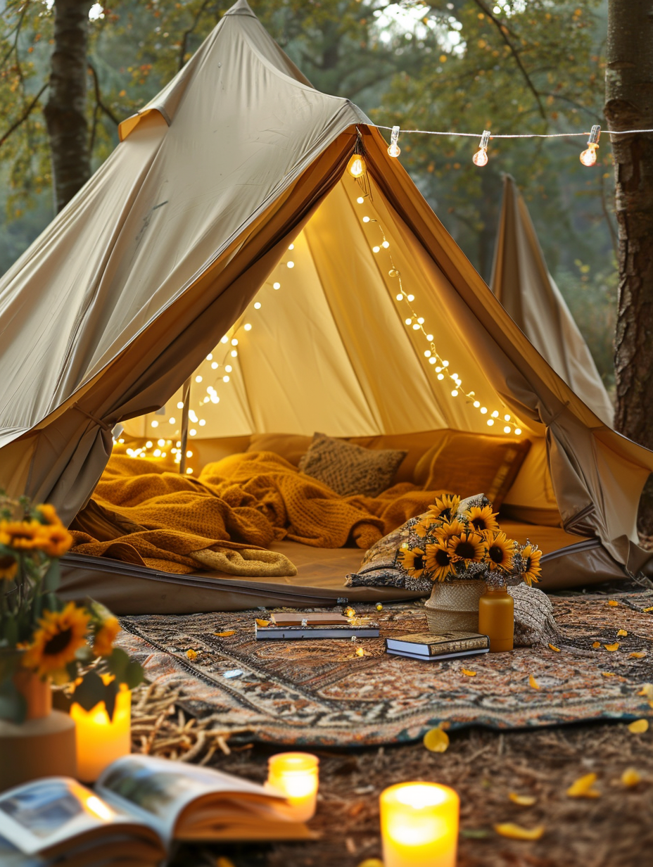 Glamping design. Yellow bell tent with brown steer rug, warm white LED lights, a bouquet of sunflowers, loosely scattered books, yellow-draped candles and sunflower print cushions.