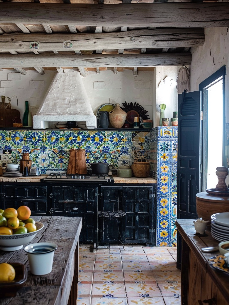 Boho kitchen. White wall, black woodwork with blue, green and yellow Moroccan tiles.