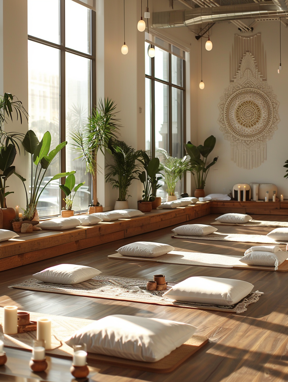 Yoga studio. Floor-to-ceiling windows allowing plenty of natural light, long wooden benches lined with lush green indoor plants, floor mattresses placed in a spacious room, stunning wood furniture complementing the space, various mandalas adorning the walls, and clusters of white pillar candles casting a warm, inviting glow.